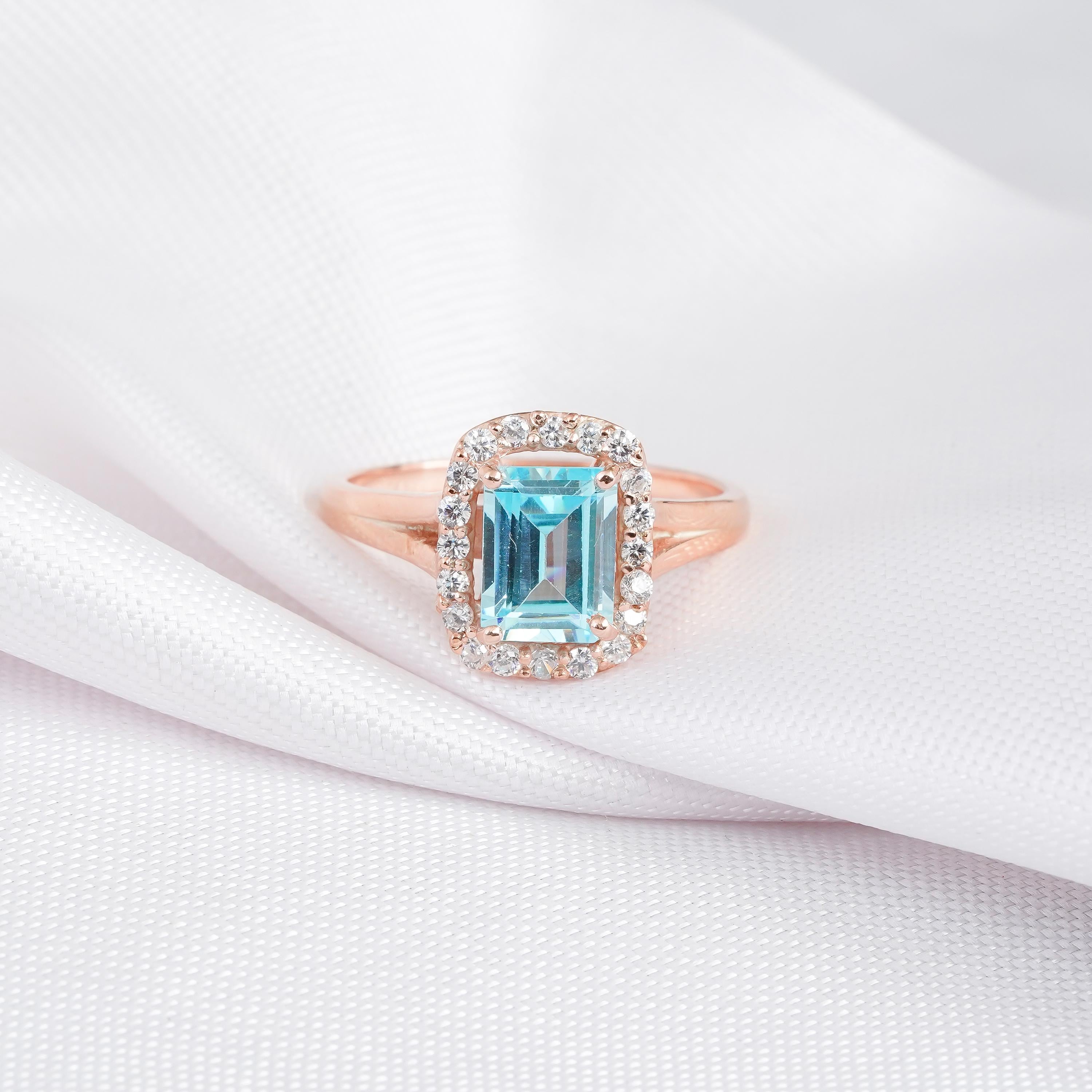Aquamarine Engagement Ring Set, Emerald Cut Sterling Silver Leaf Wedding Band