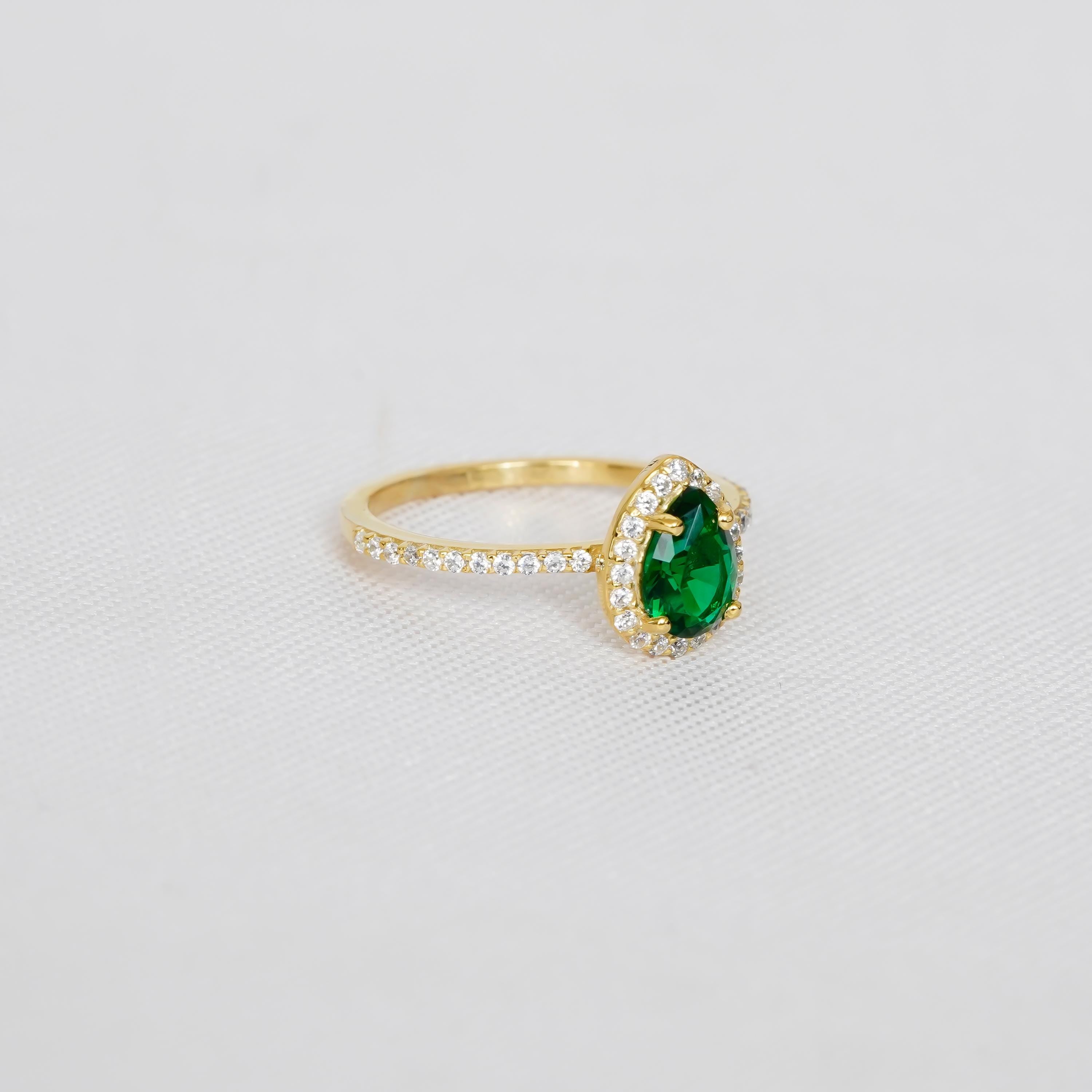 Pear Emerald Sterling Silver Ring, Teardrop Halo, Proposal Ring
