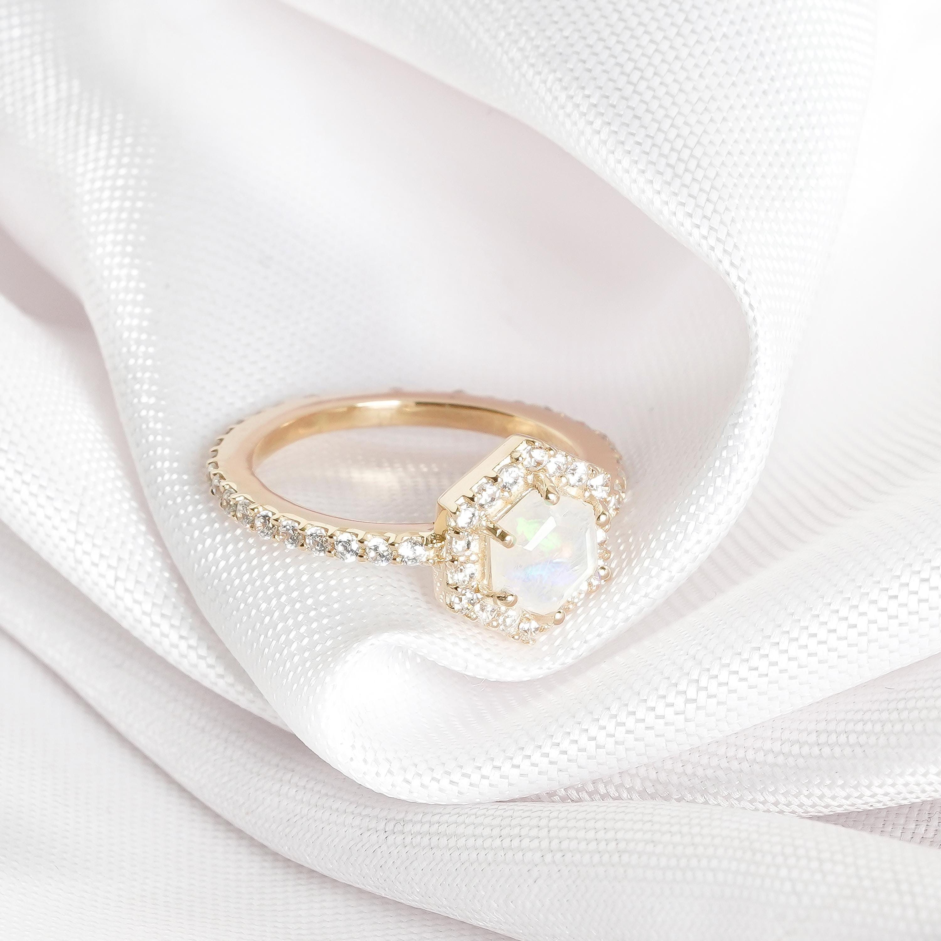 Hexagon Rainbow Moonstone Engagement Ring, Sterling Silver Halo Solitaire