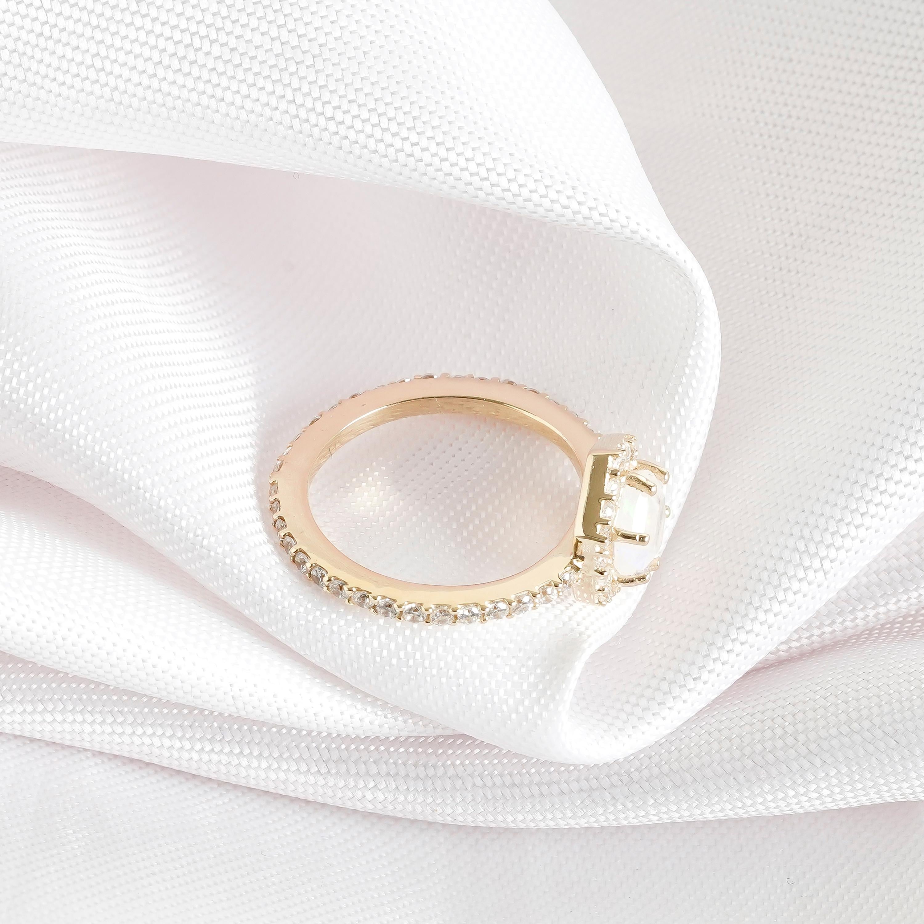 Hexagon Rainbow Moonstone Engagement Ring, Sterling Silver Halo Solitaire