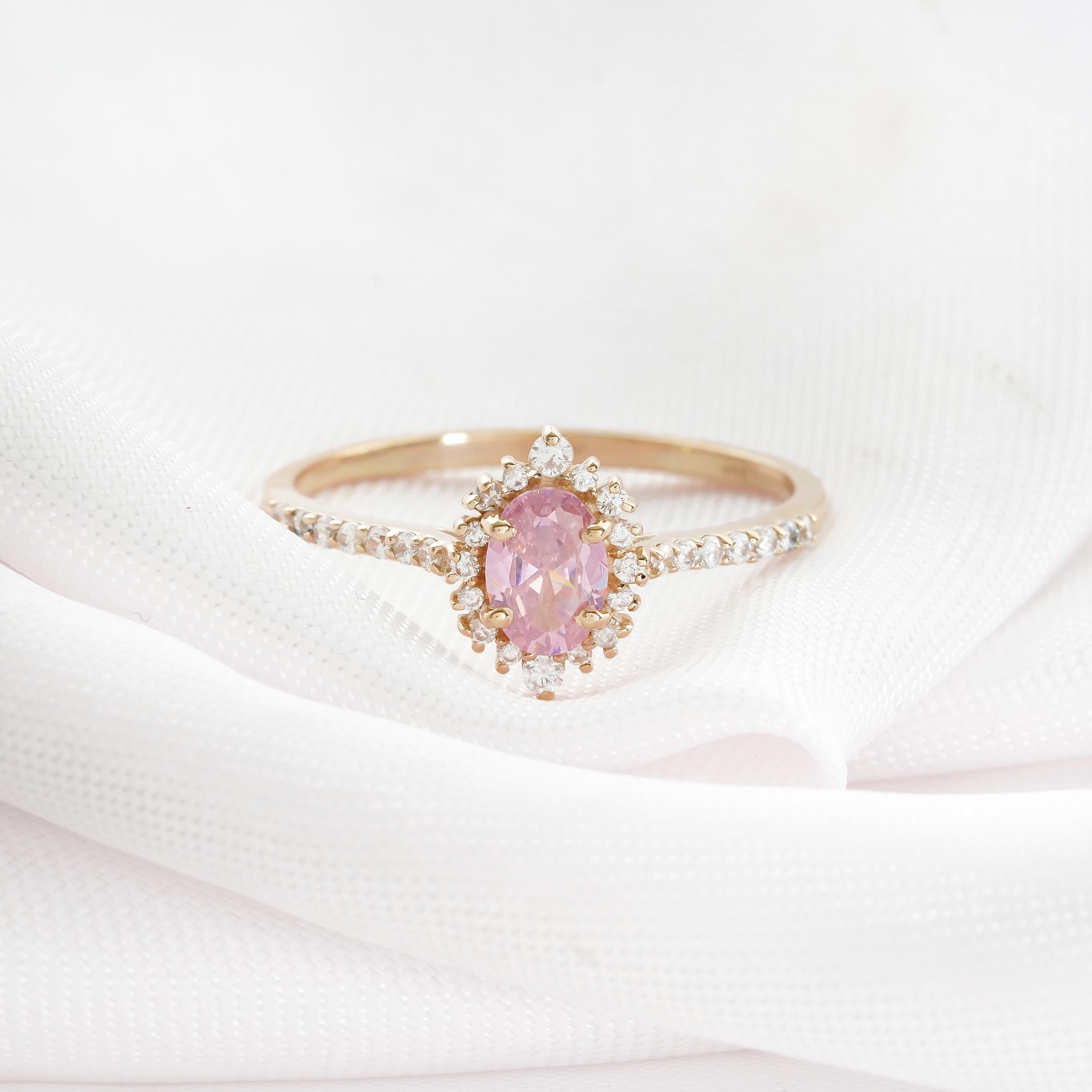 Oval Morganite Engagement Ring, Sterling Silver Halo, Proposal Ring
