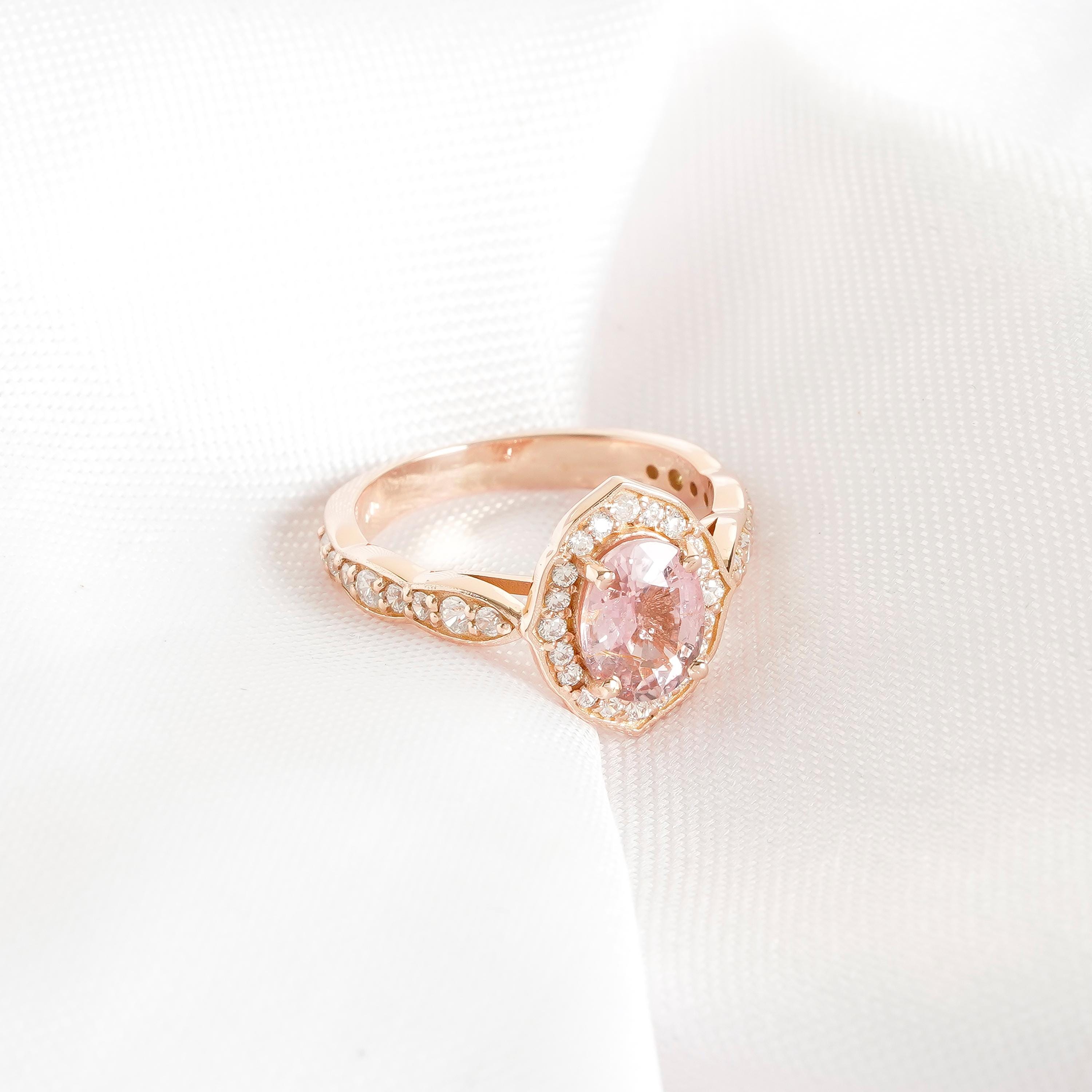 Oval Peach Morganite Engagement Ring, Halo Moissanite, Sterling Silver