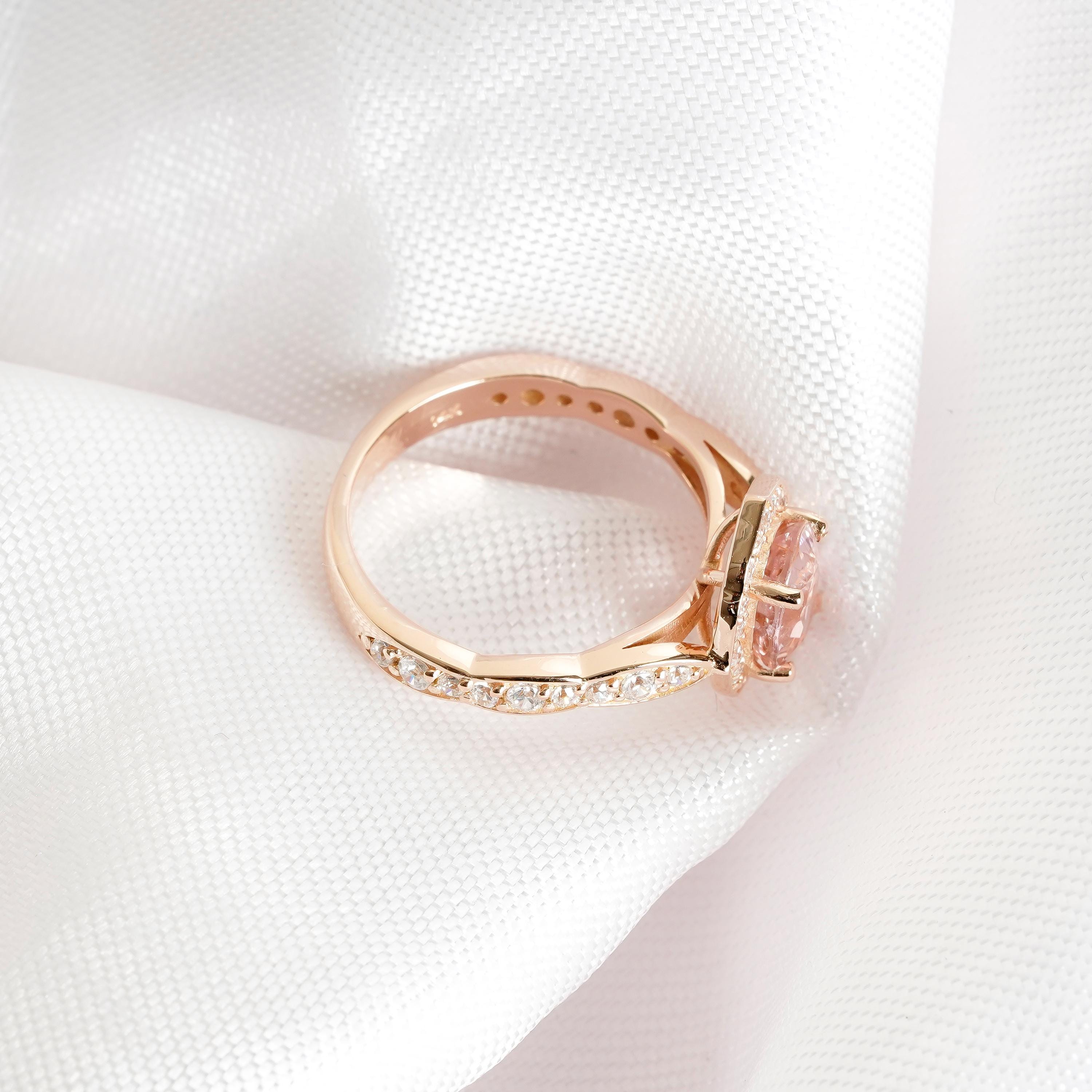 Oval Peach Morganite Engagement Ring, Halo Moissanite, Sterling Silver