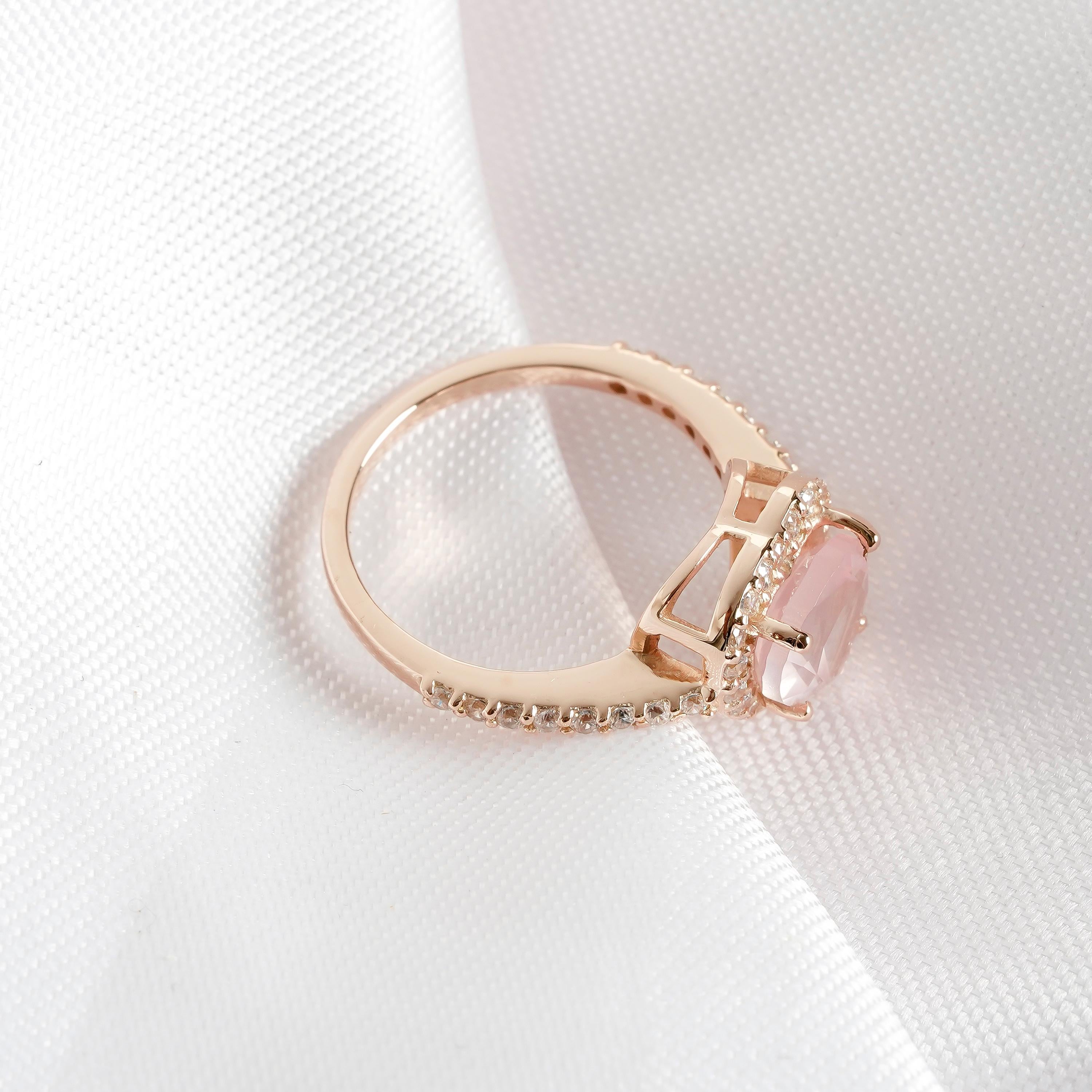 Heart Rose Quartz Engagement Ring, Sterling Silver Moissanite Halo