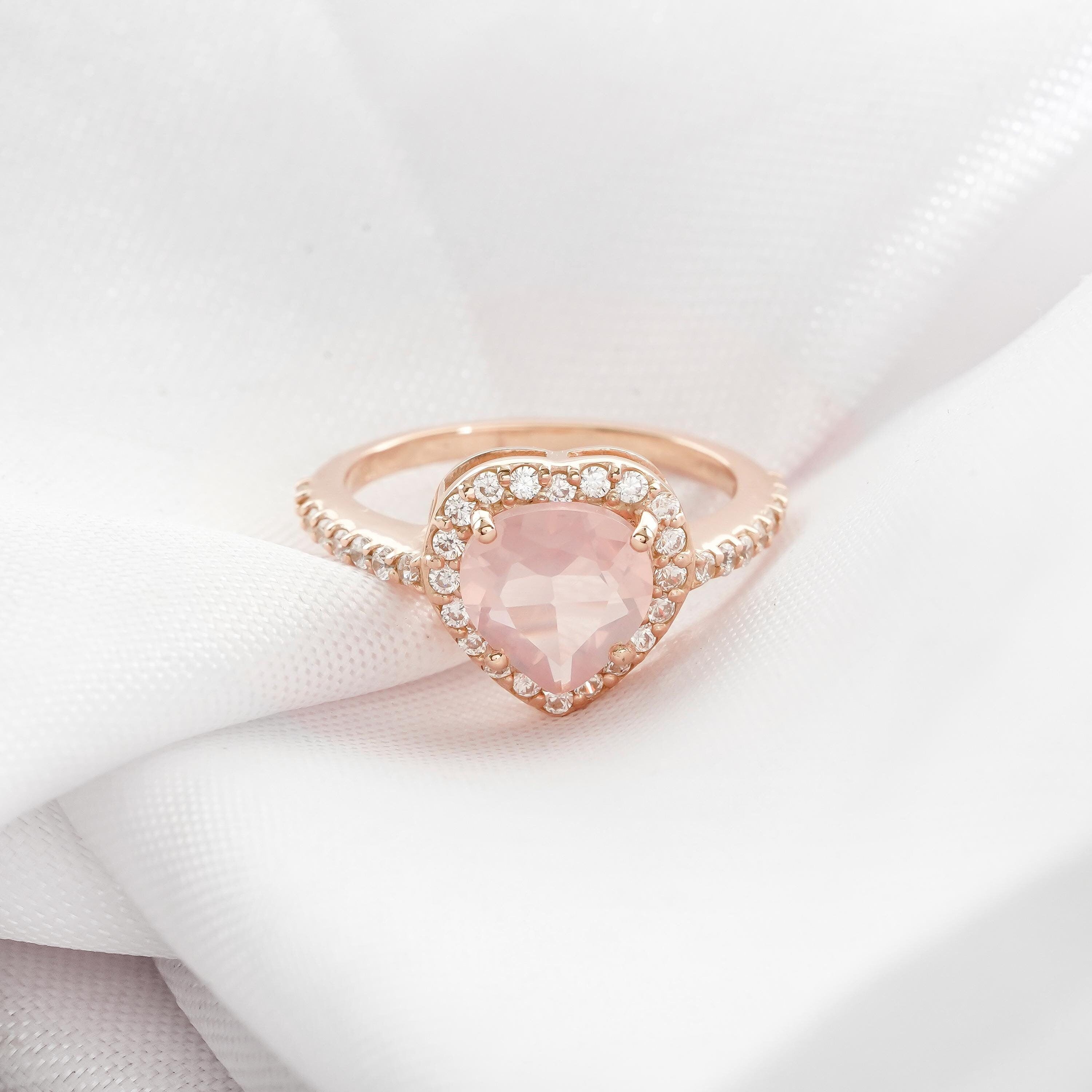 Heart Rose Quartz Engagement Ring, Sterling Silver Moissanite Halo