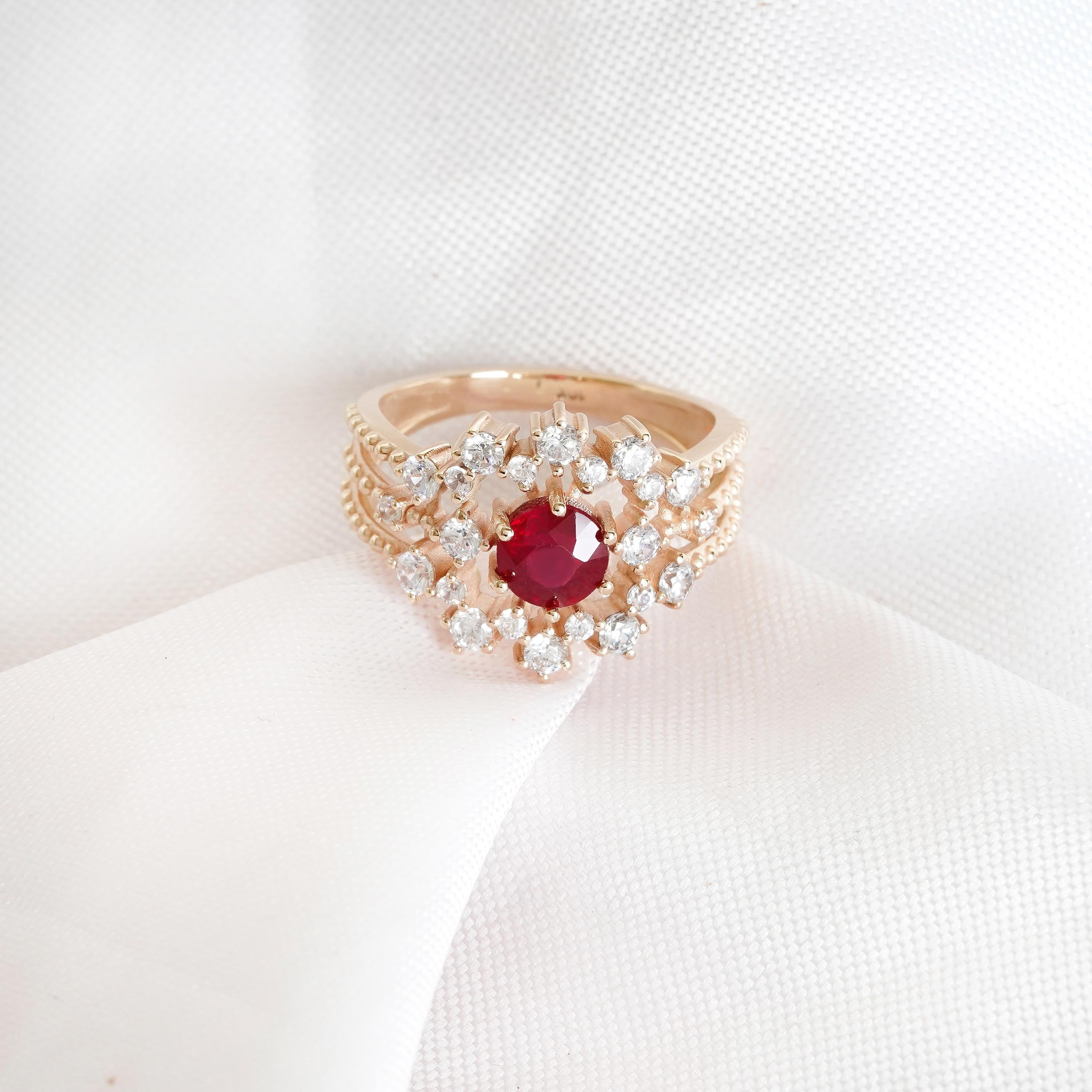 Ruby Engagement Ring, 925 Sterling Silver, Halo Moissanite, Round Cut
