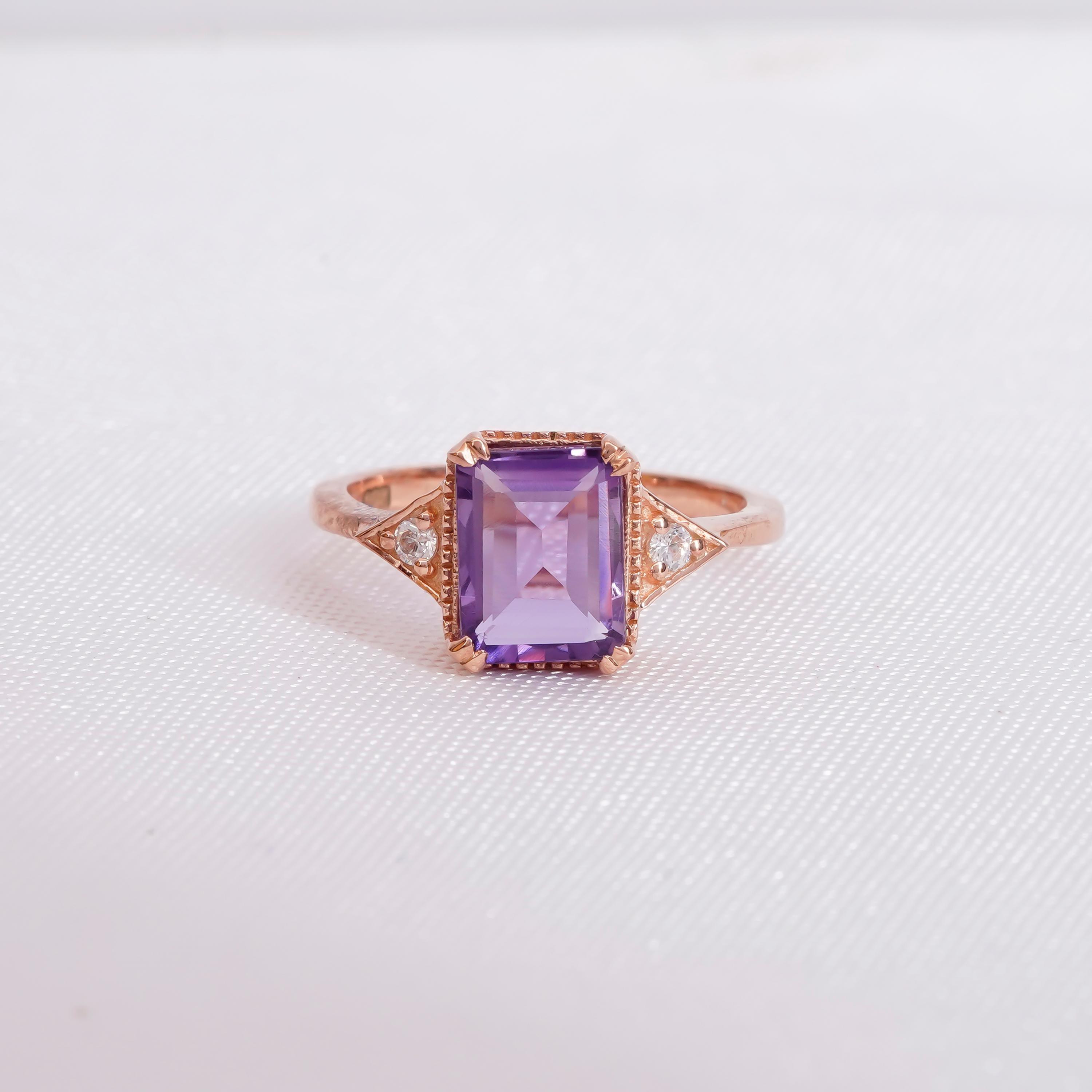 Emerald Cut Amethyst Engagement Ring, Halo Sterling Silver Promise Ring