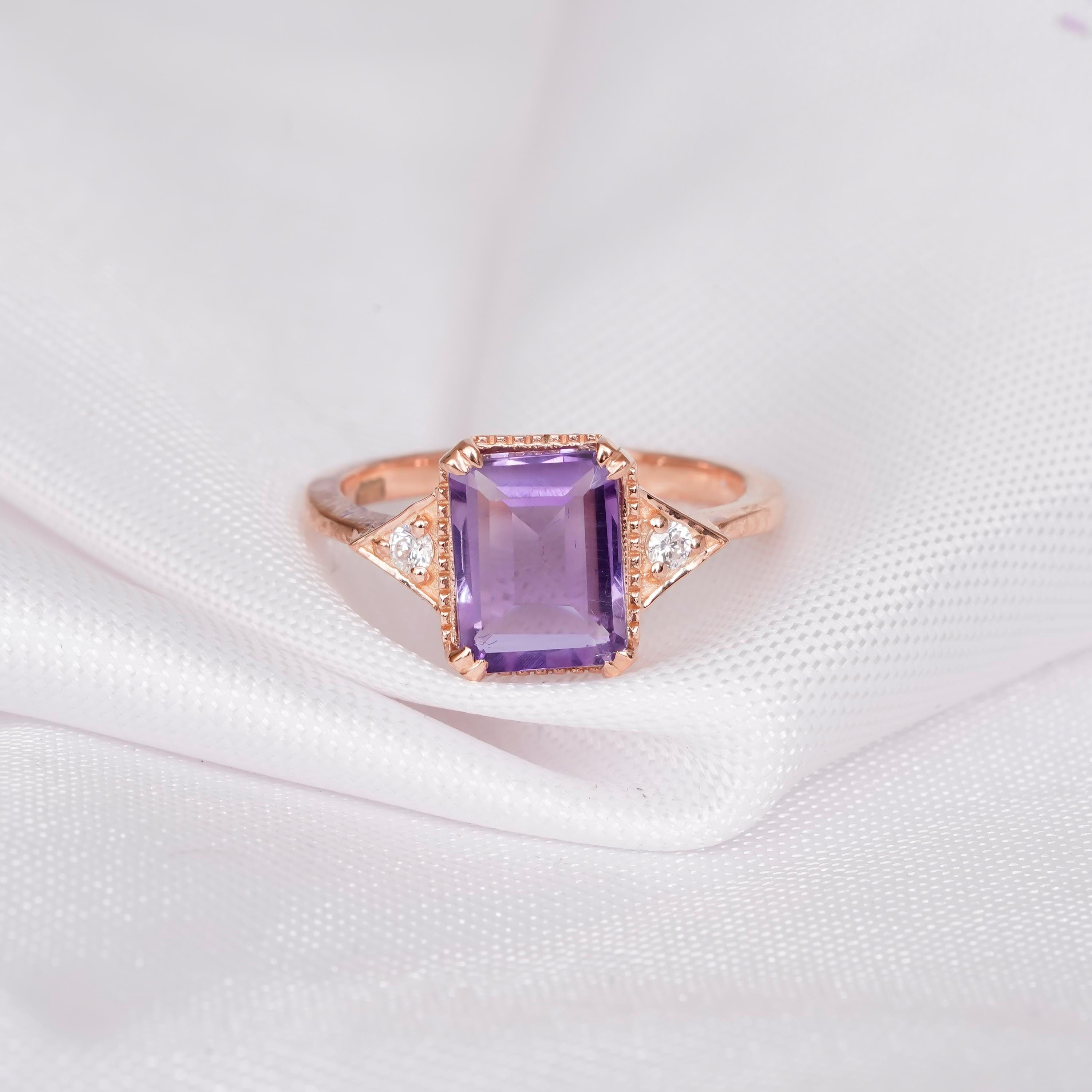 Emerald Cut Amethyst Engagement Ring, Halo Sterling Silver Promise Ring