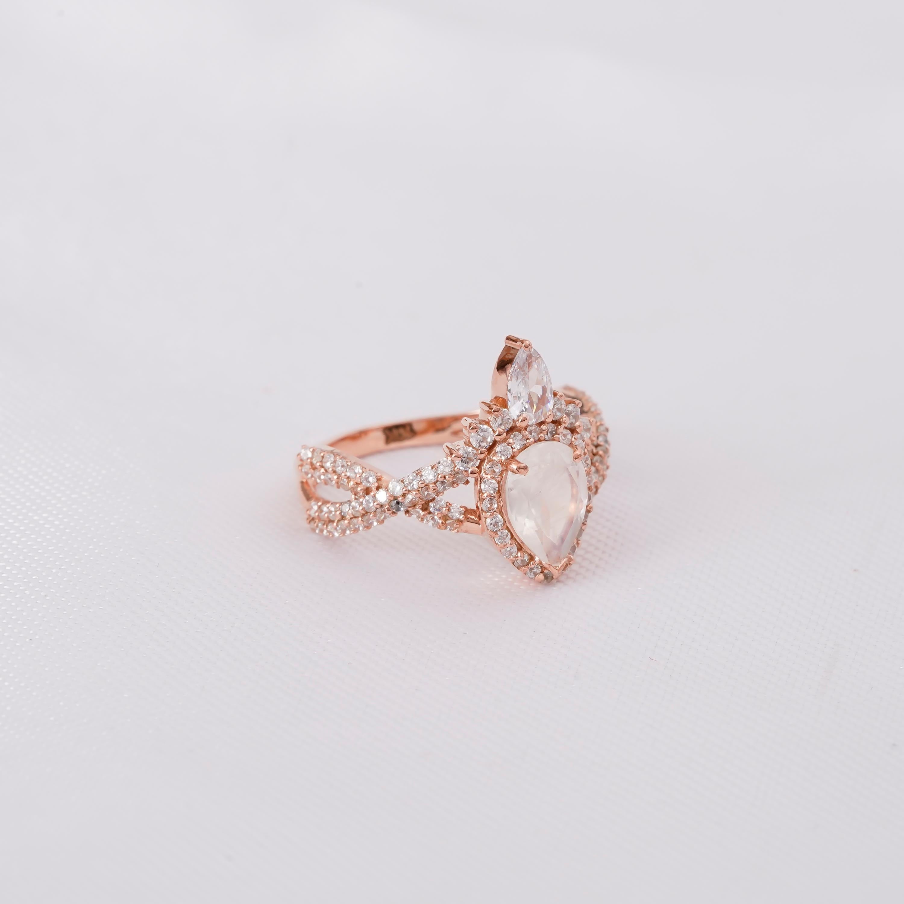 Pear Opal Engagement Ring, Sterling Silver Halo, Teardrop Infinity Ring