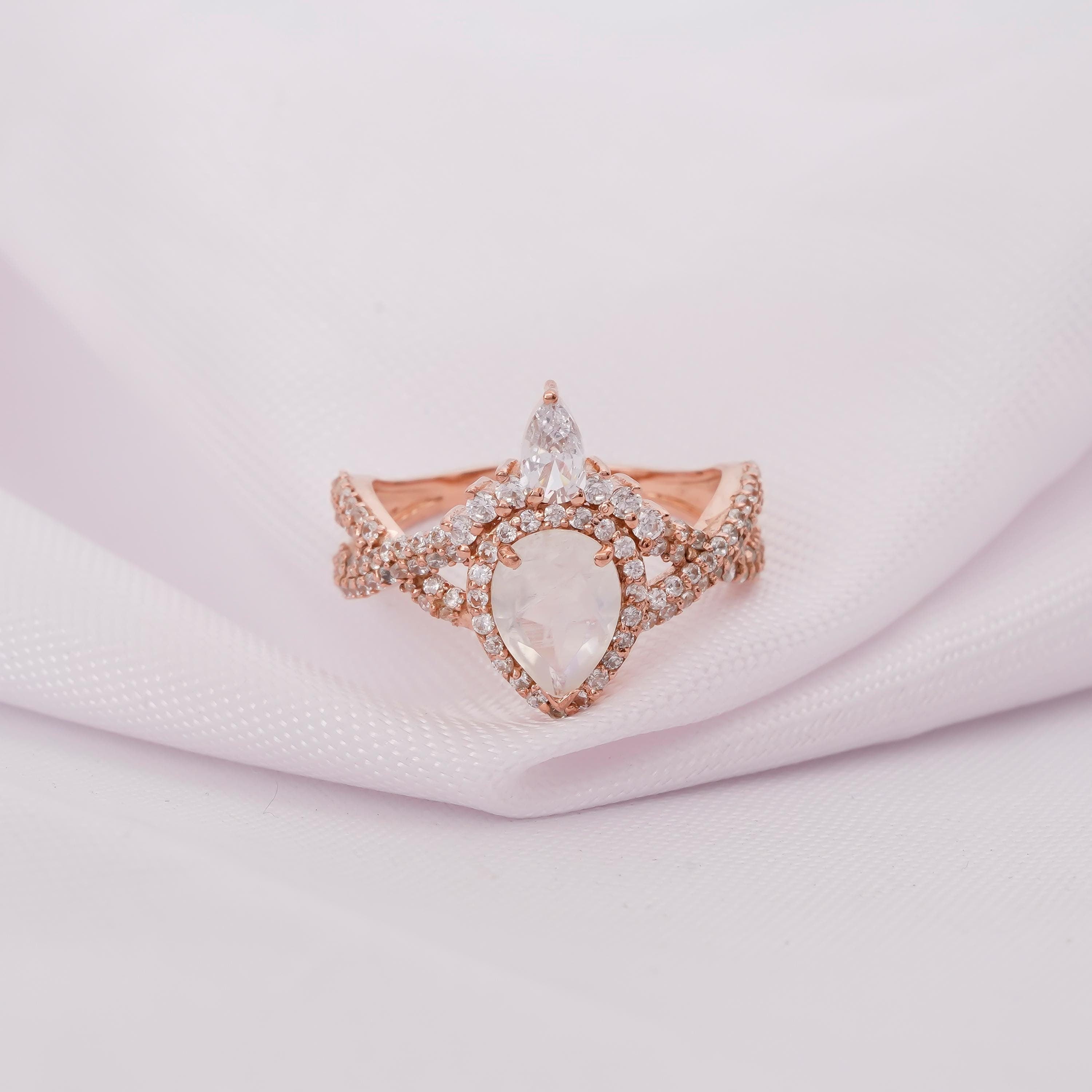 Pear Opal Engagement Ring, Sterling Silver Halo, Teardrop Infinity Ring