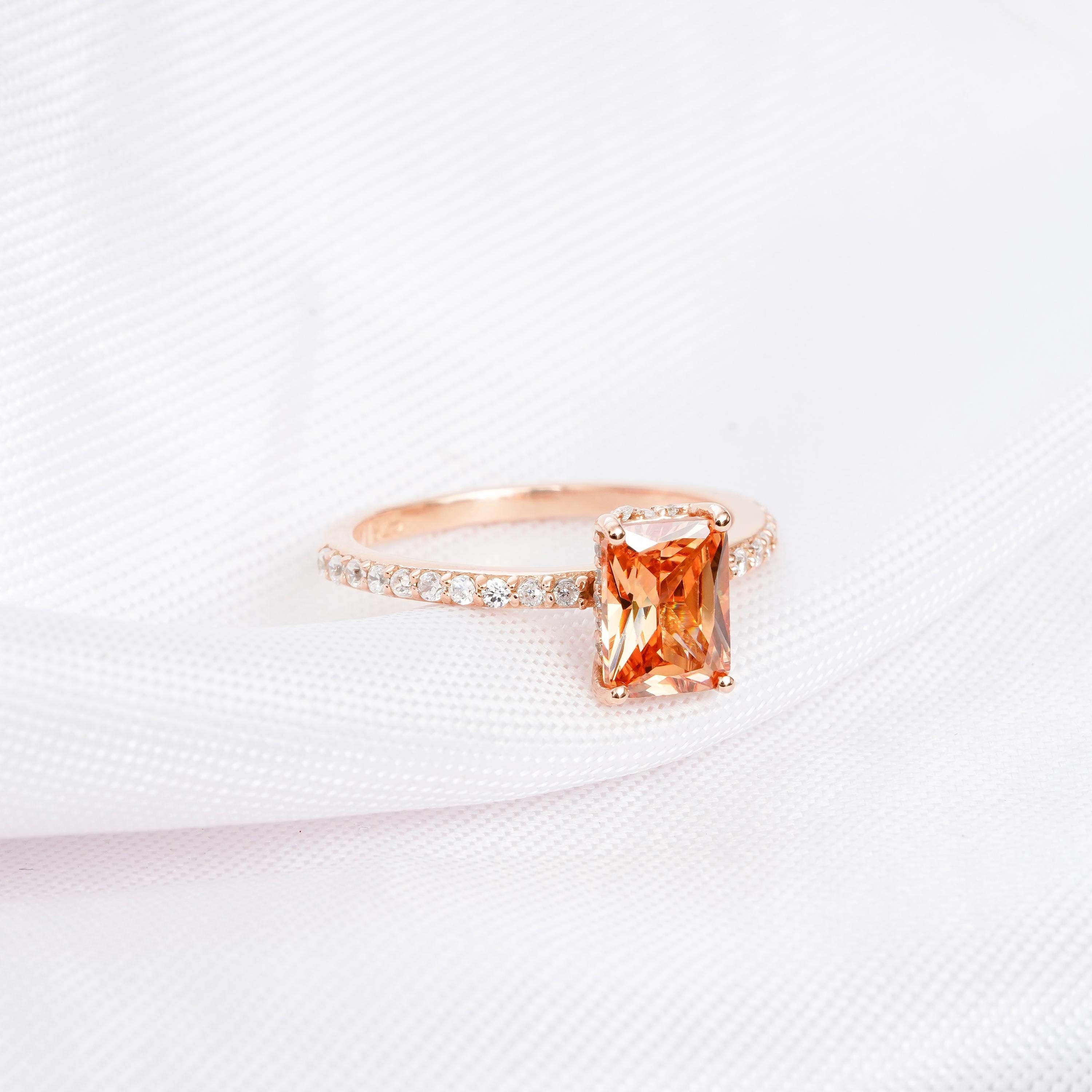 Radiant Citrine Engagement Ring, Sterling Silver Hidden Halo, Proposal Ring