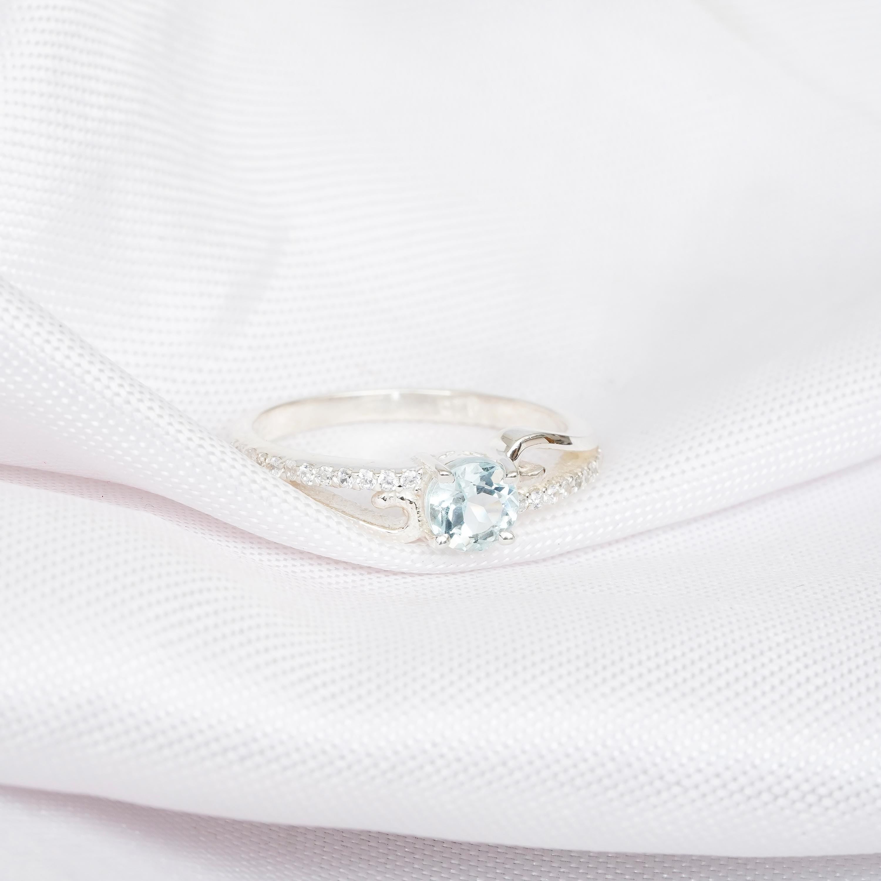 Aquamarine Engagement Ring, Sterling Silver Halo Infinity Band