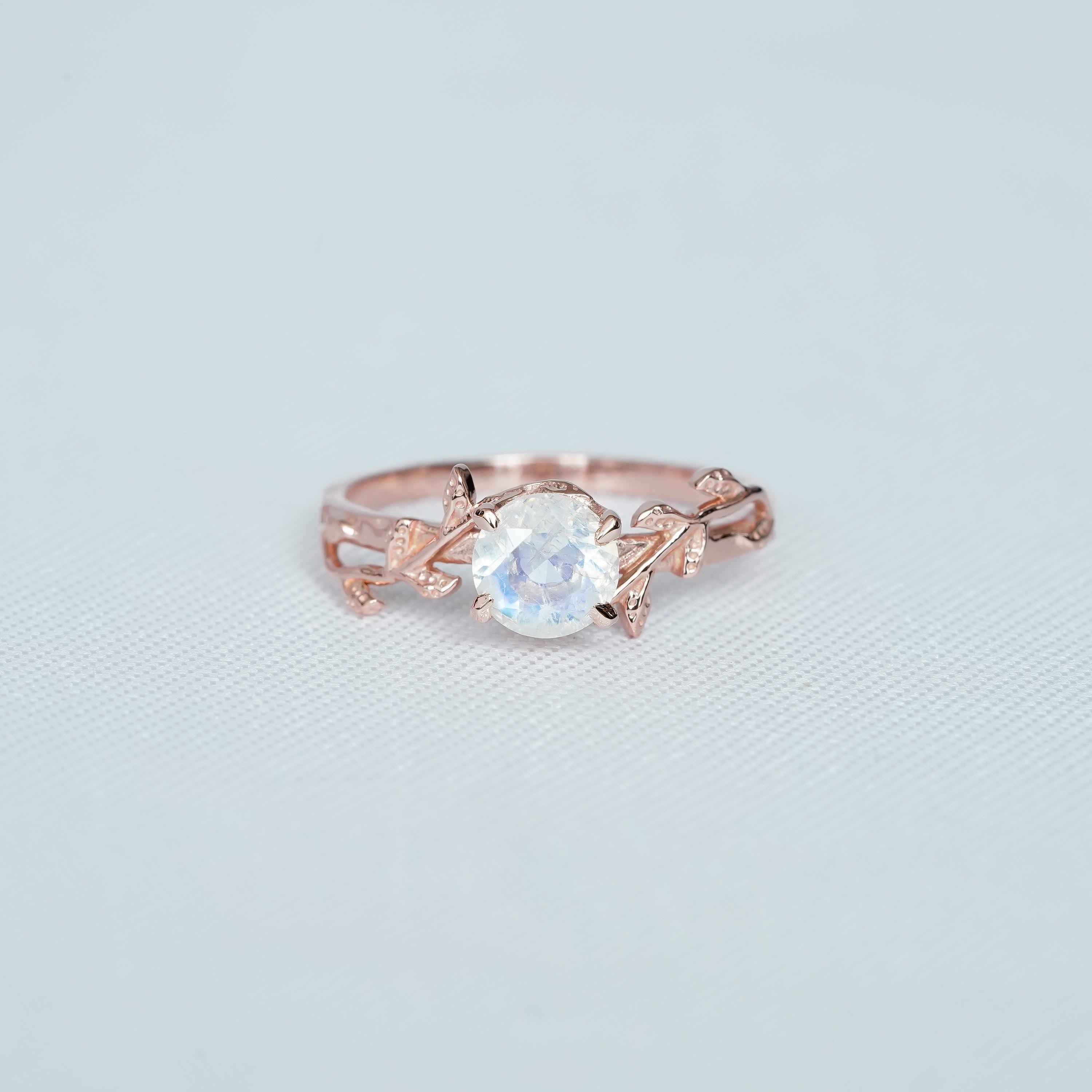 Moonstone Engagement Ring, Sterling Silver Vine Leaf Band