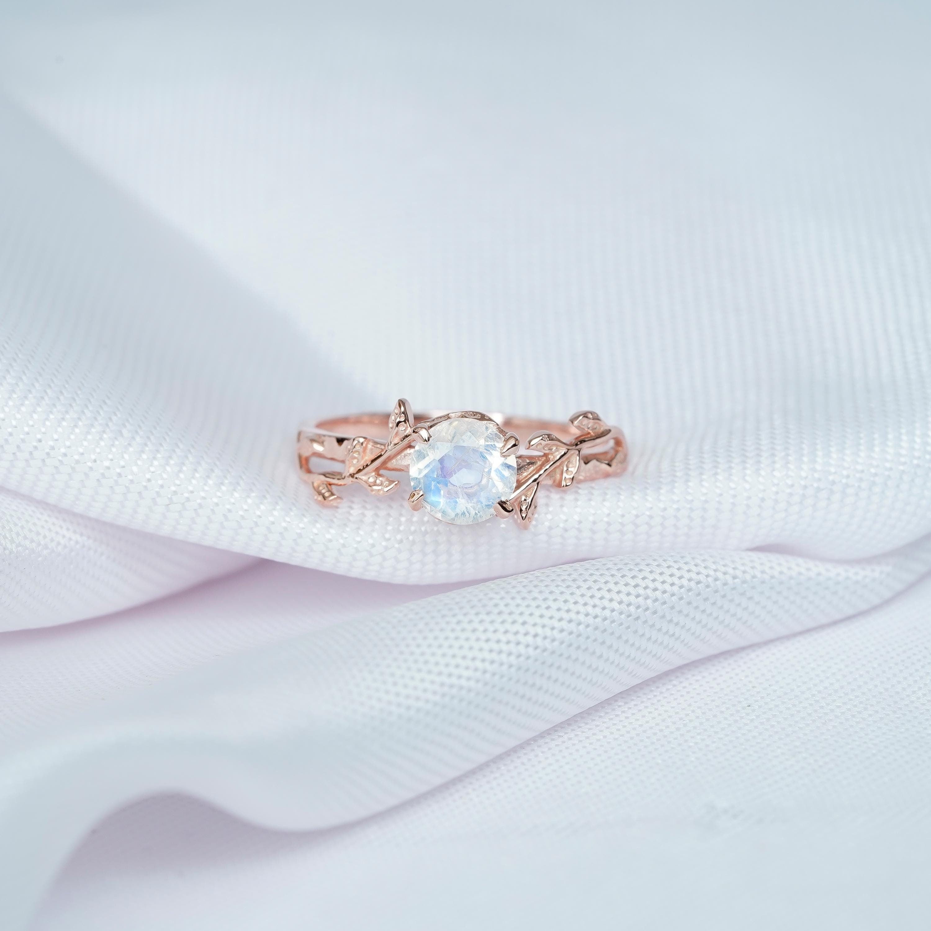 Moonstone Engagement Ring, Sterling Silver Vine Leaf Band