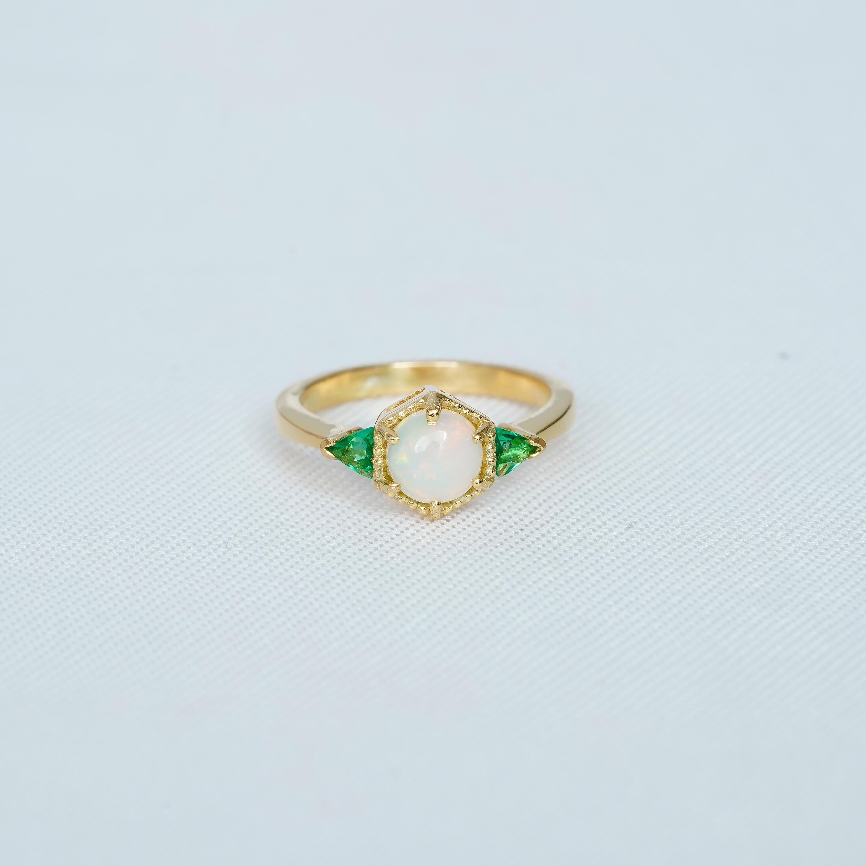 Opal Engagement Ring, Sterling Silver Hexagon Halo, Trillion Emerald Accents