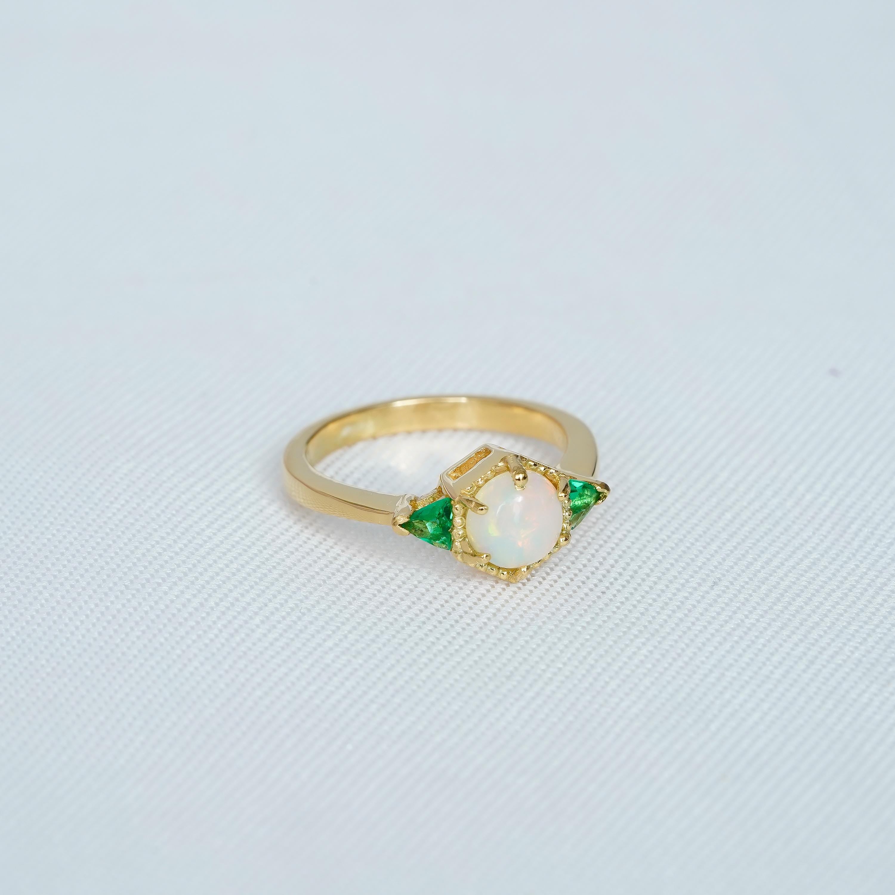 Opal Engagement Ring, Sterling Silver Hexagon Halo, Trillion Emerald Accents
