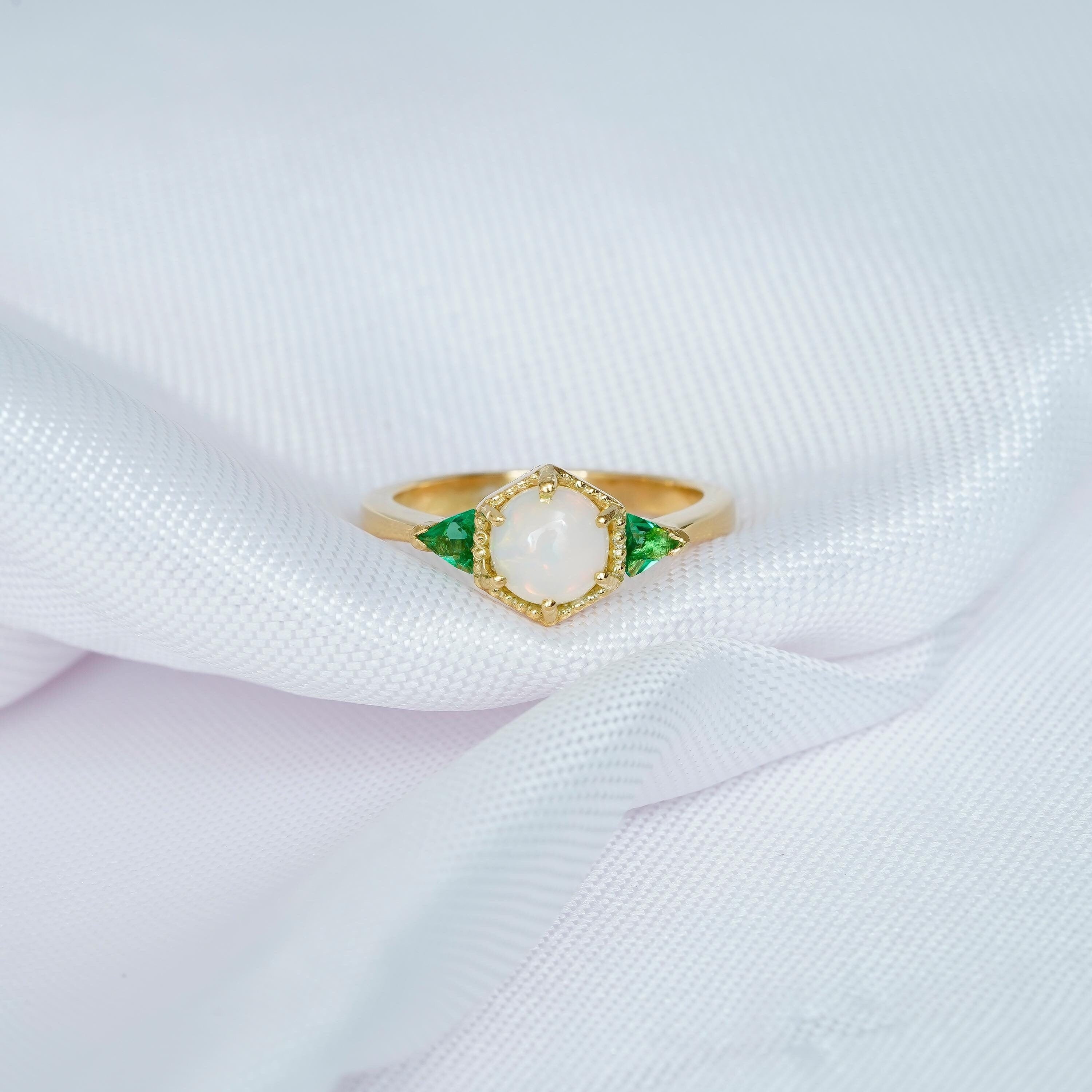 Opal Engagement Ring, Sterling Silver Hexagon Halo, Trillion Emerald Accents