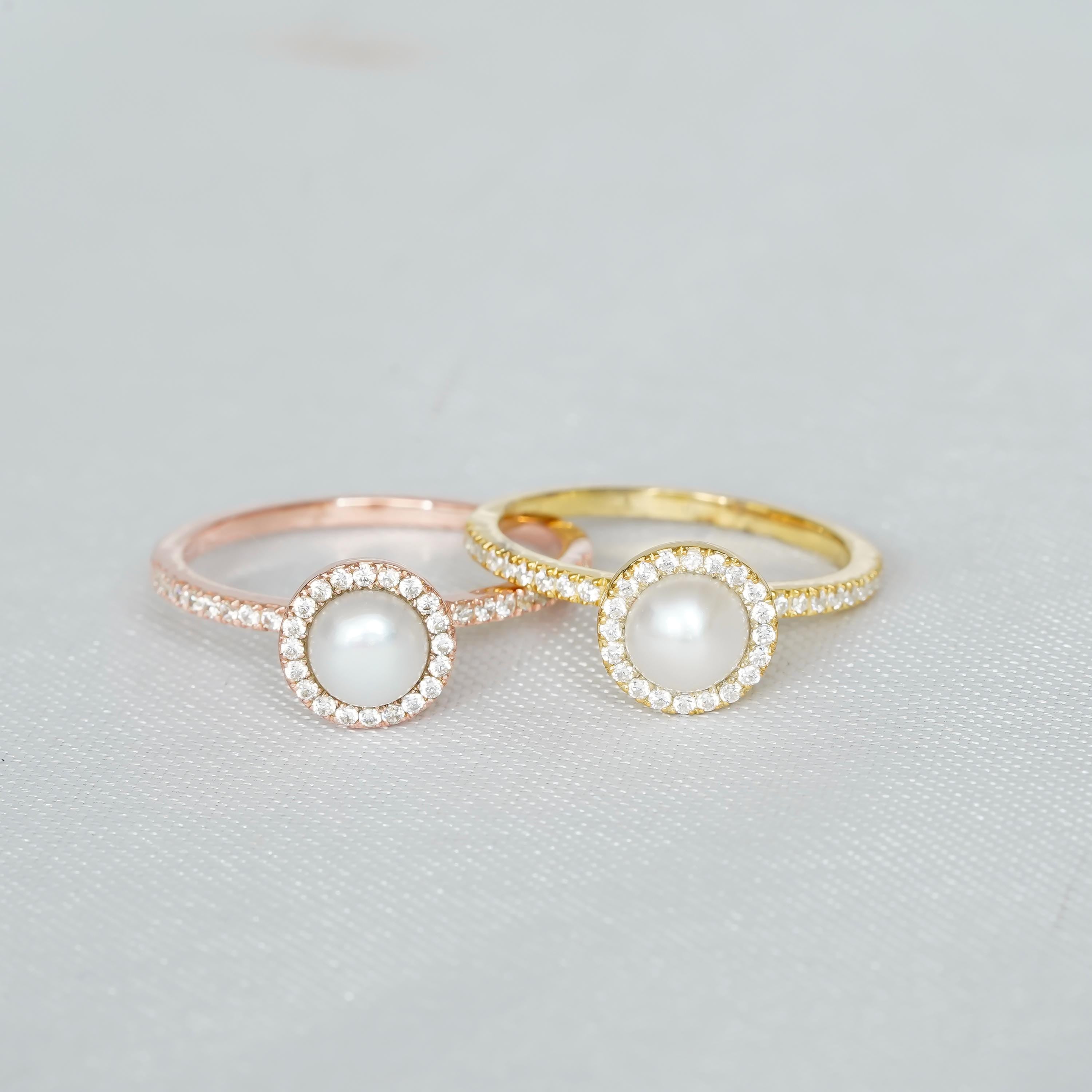 Pearl Halo Engagement Ring, 925 Sterling Silver, Moissanite Accents
