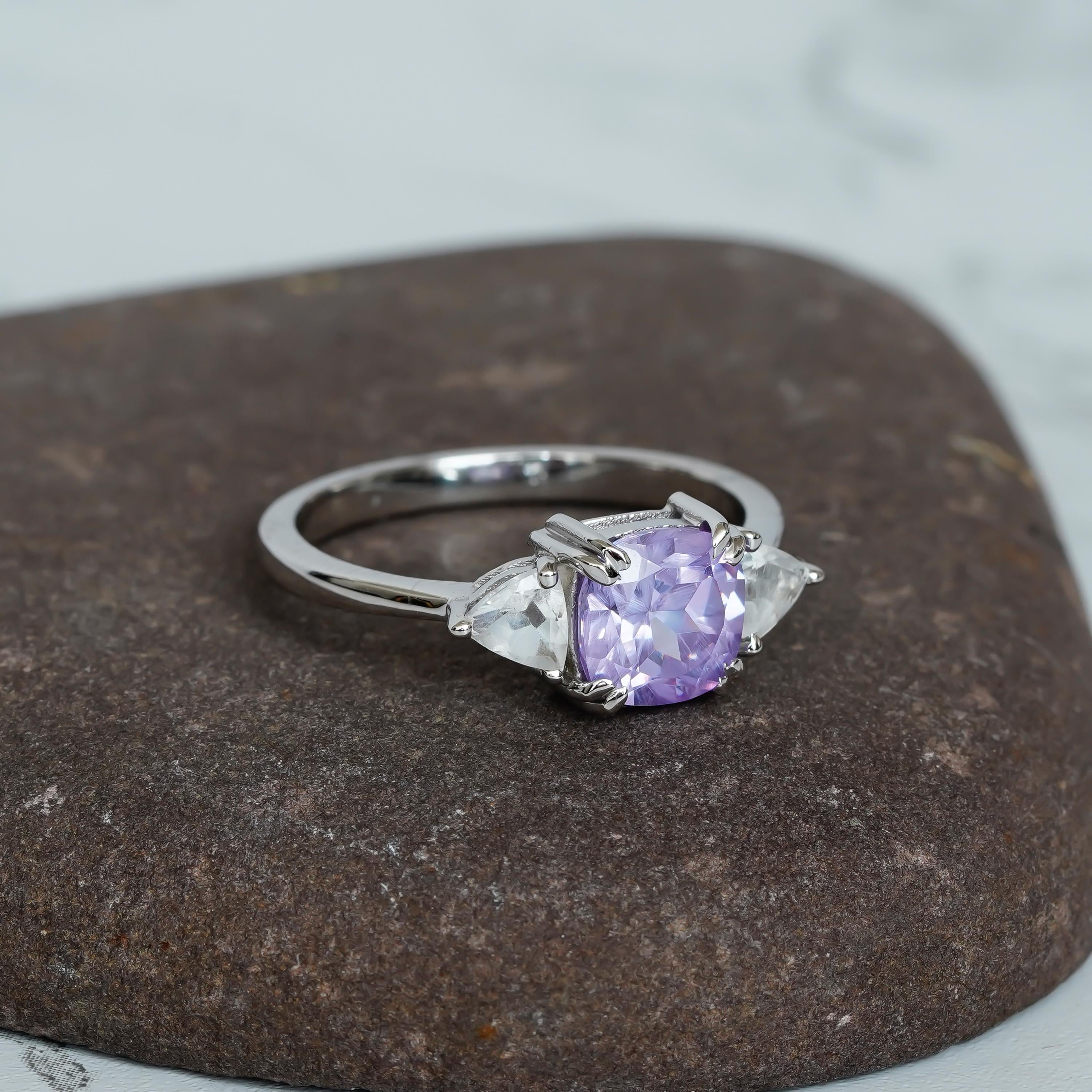 Cushion Amethyst Engagement Ring, Trillion Moissanite, 925 Sterling Silver