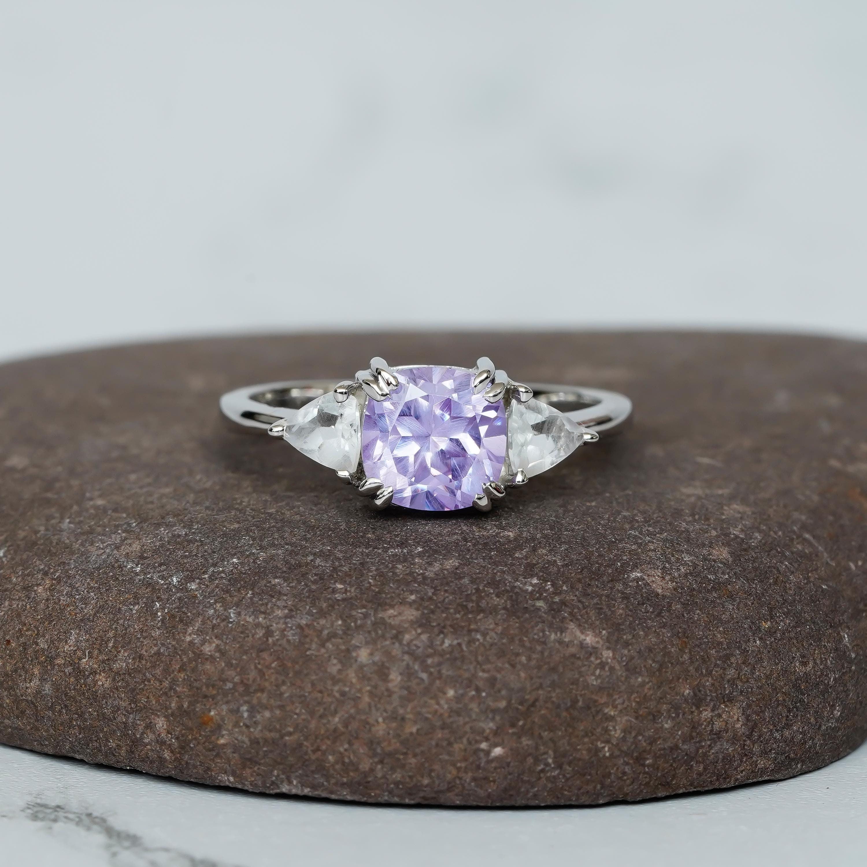 Cushion Amethyst Engagement Ring, Trillion Moissanite, 925 Sterling Silver