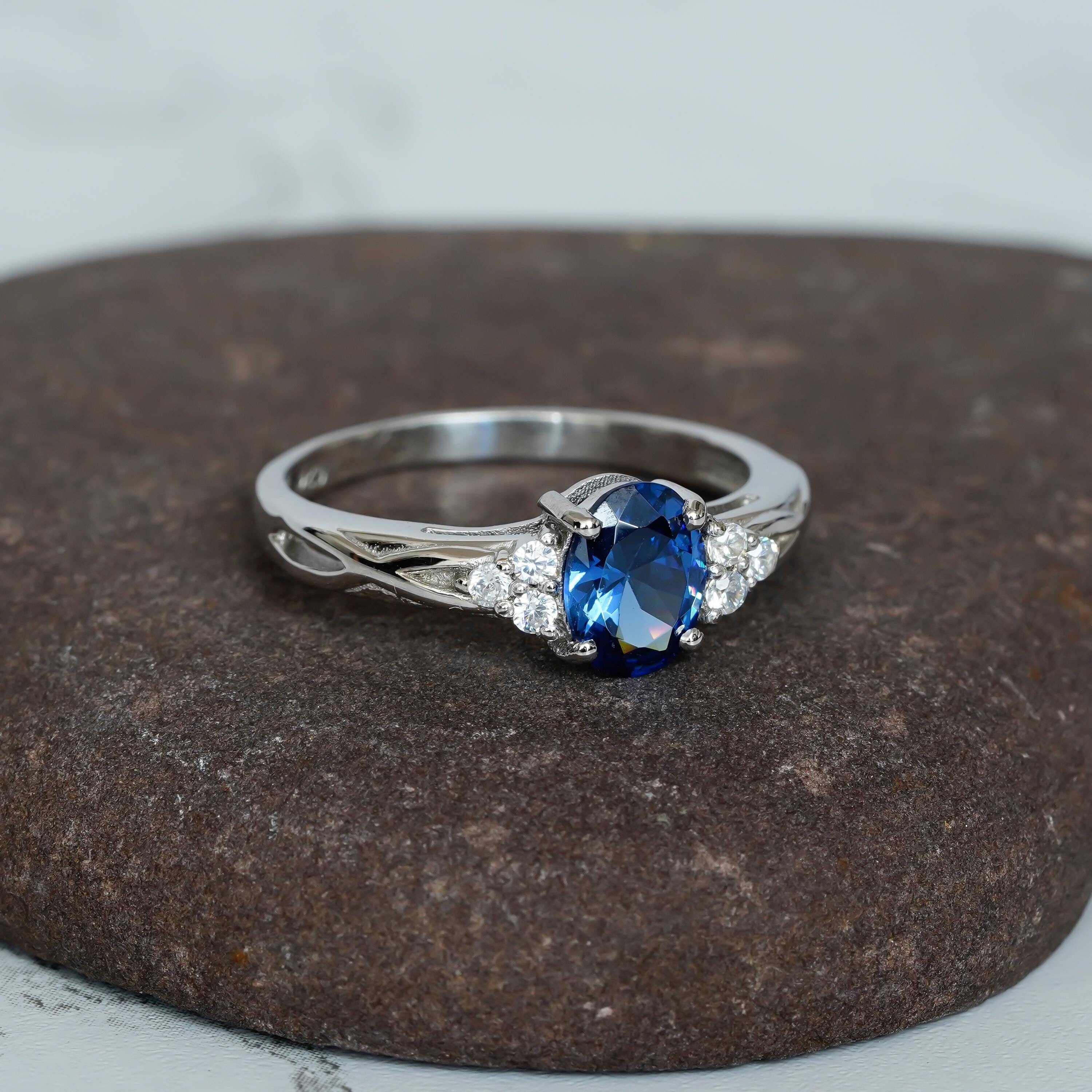 Blue Sapphire Engagement Ring, 925 Sterling Silver Infinity Band