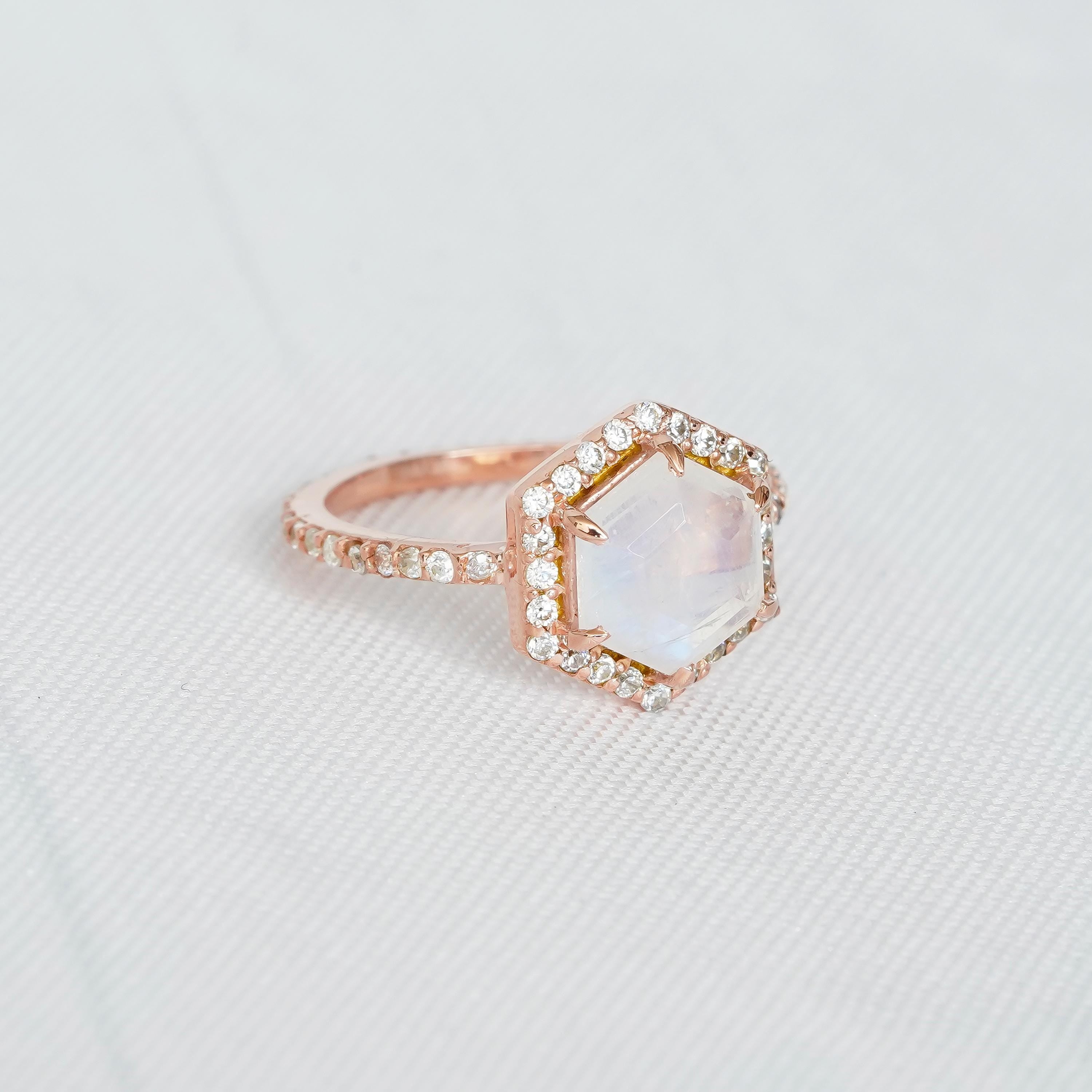 Hexagon Moonstone Engagement Ring, Art Deco Pave Halo, 925 Sterling Silver