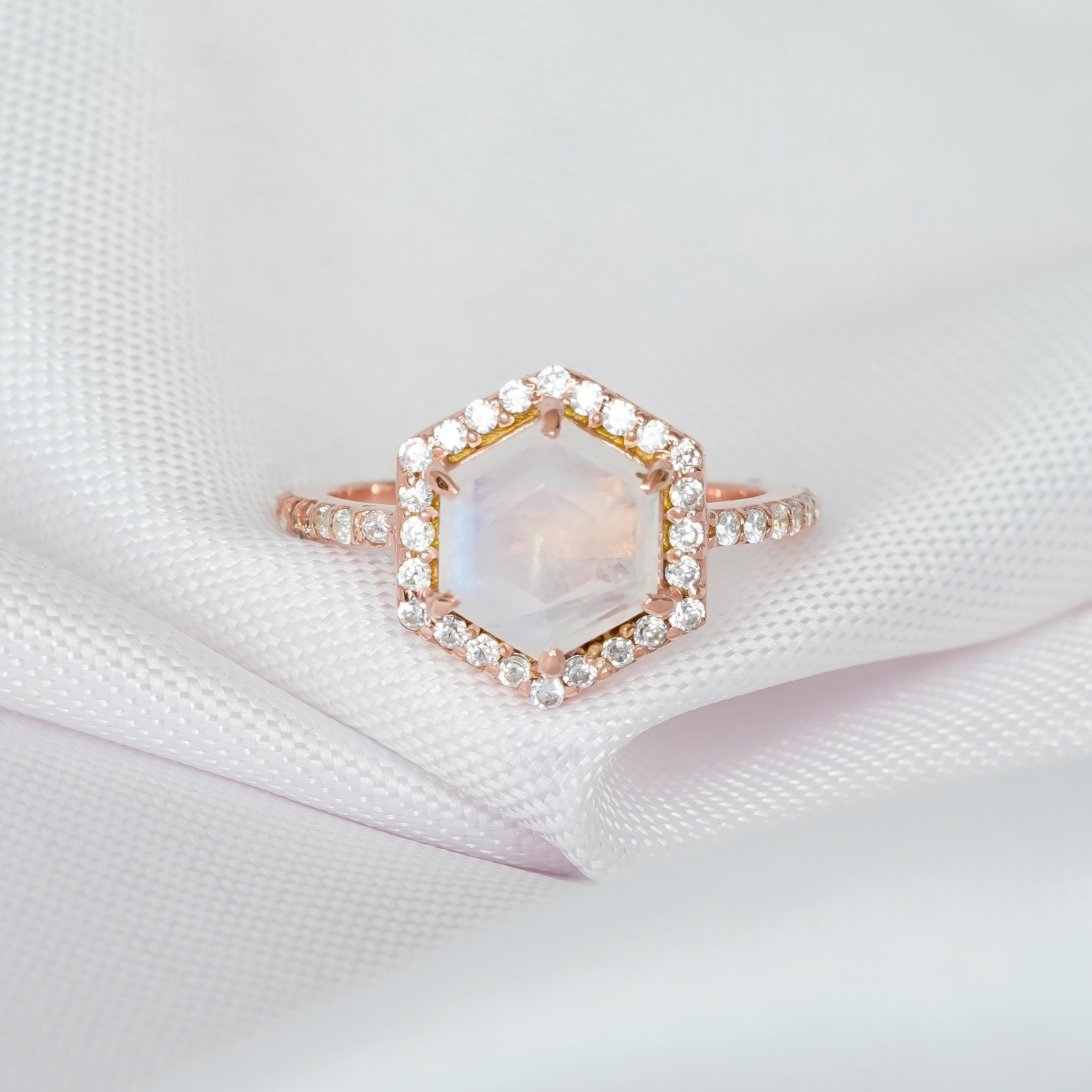 Hexagon Moonstone Engagement Ring, Art Deco Pave Halo, 925 Sterling Silver
