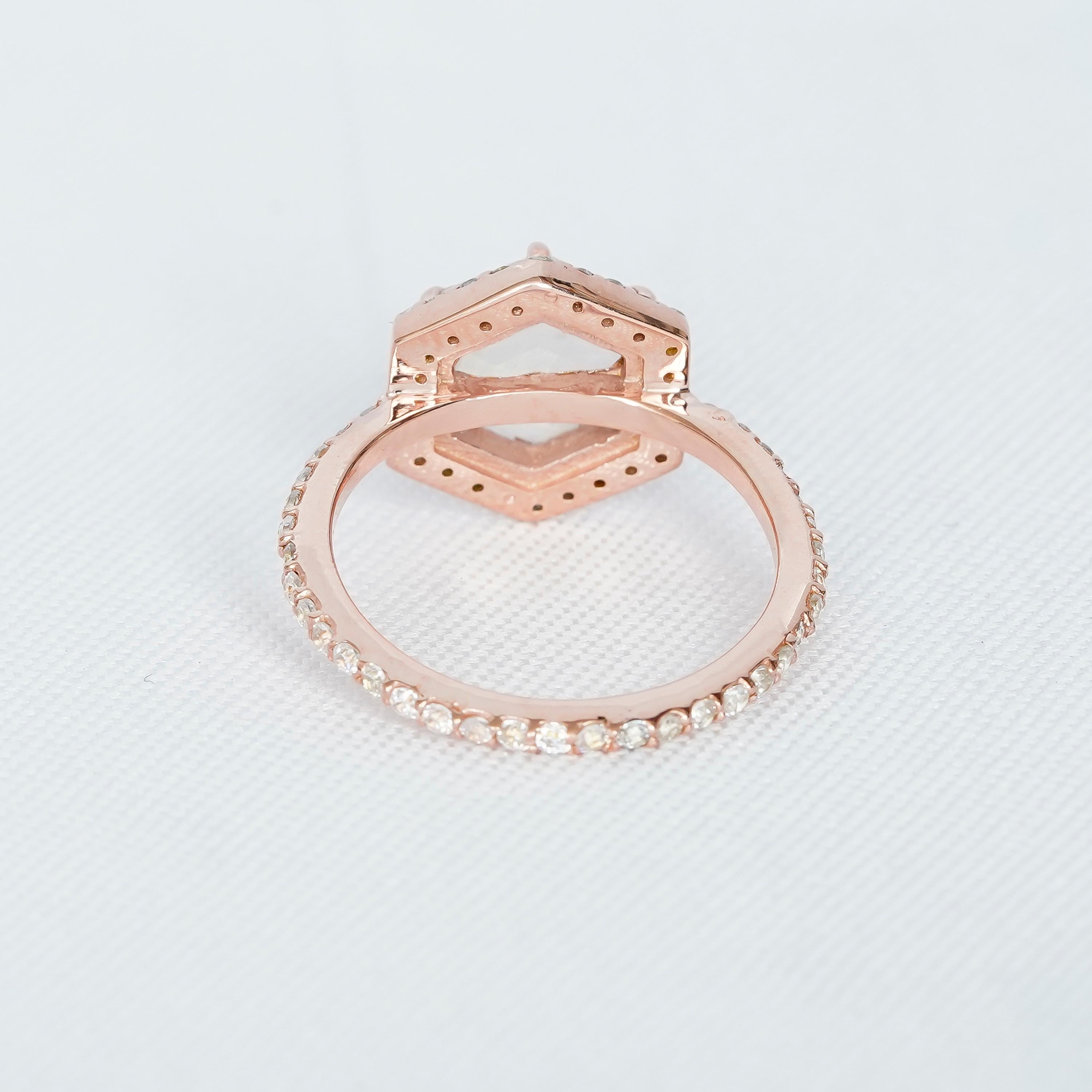 Hexagon Moonstone Engagement Ring, Art Deco Pave Halo, 925 Sterling Silver