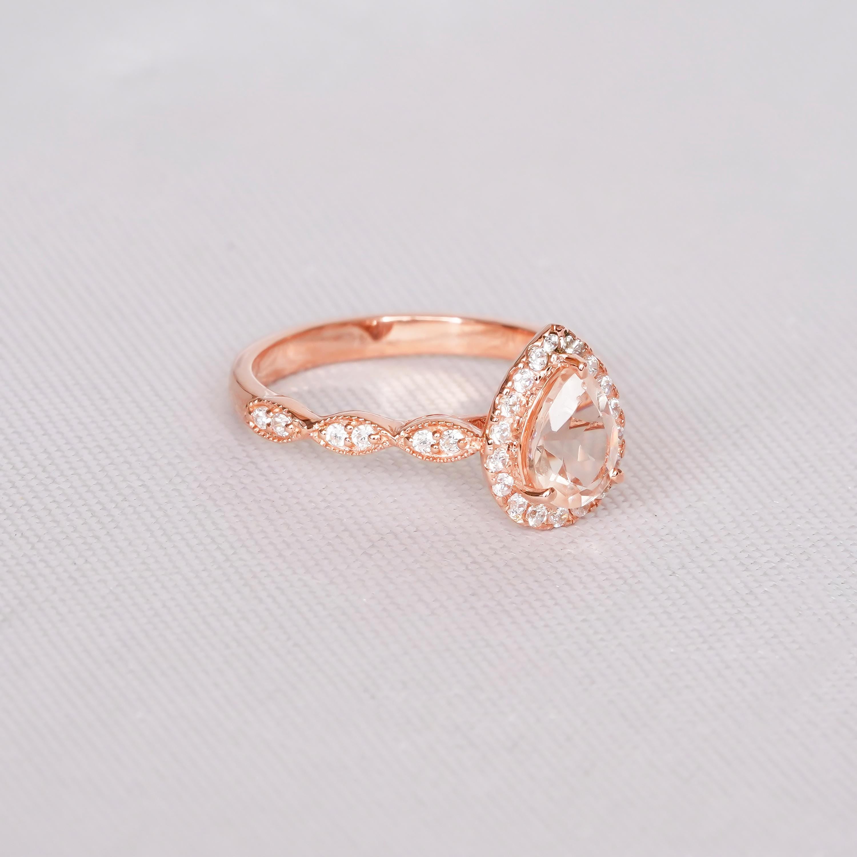 Pear Morganite Engagement Ring, Art Deco Sterling Silver Halo
