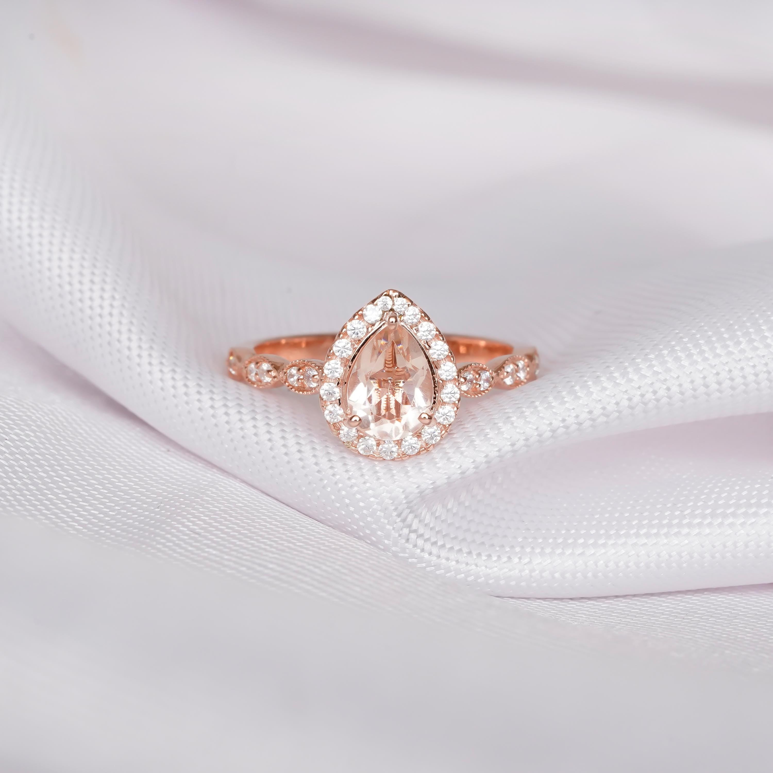 Pear Morganite Engagement Ring, Art Deco Sterling Silver Halo