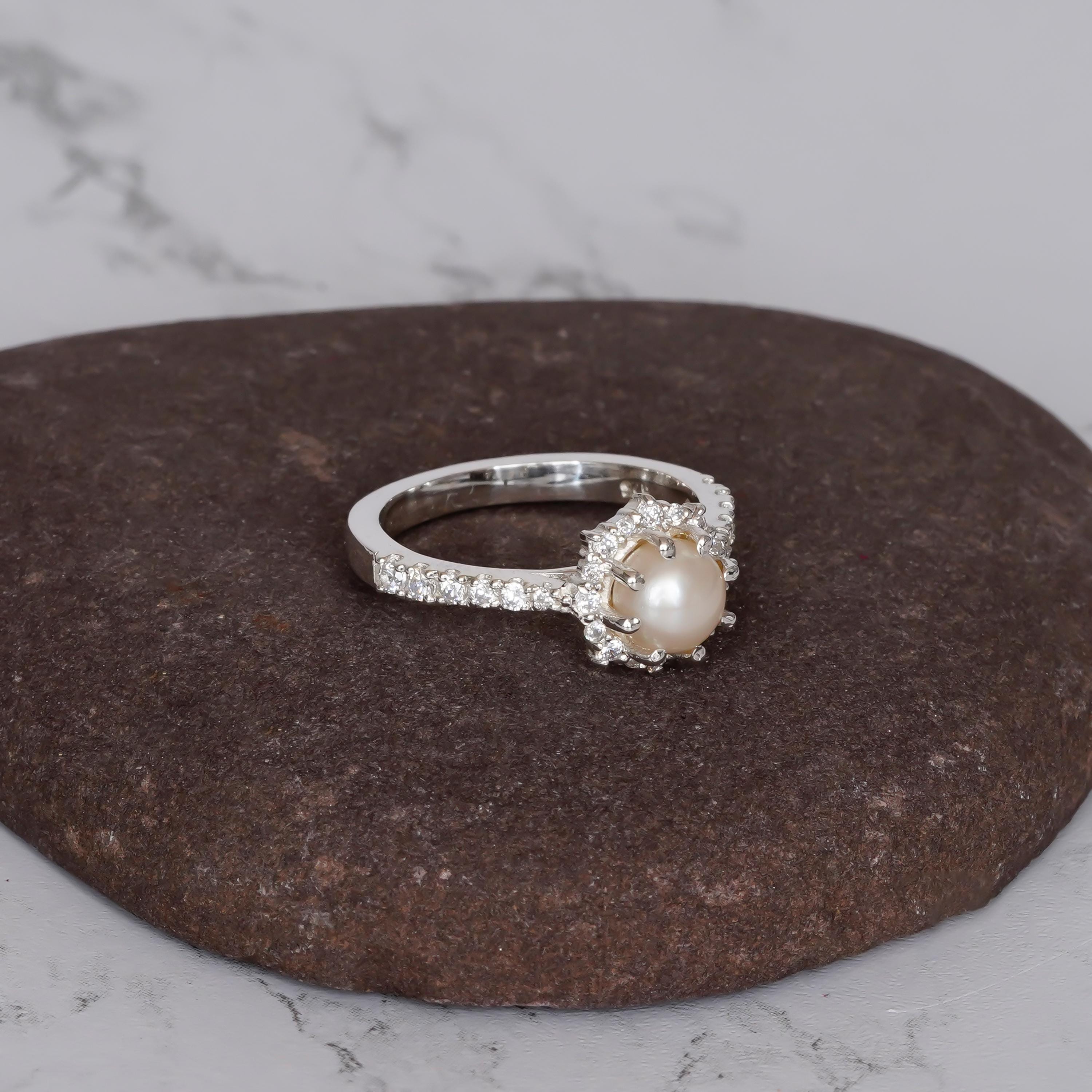 Pearl Halo Ring, Art Deco Sterling Silver, Moissanite Accents