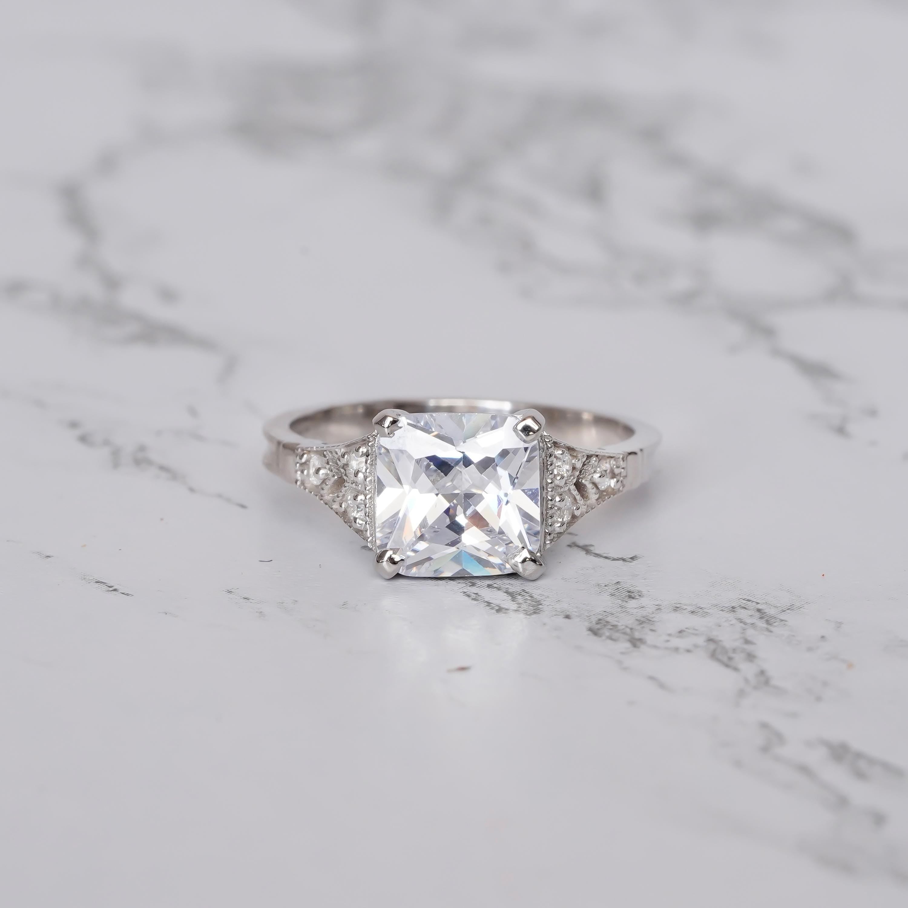 Cushion Moissanite Engagement Ring, Art Deco Halo, 925 Sterling Silver