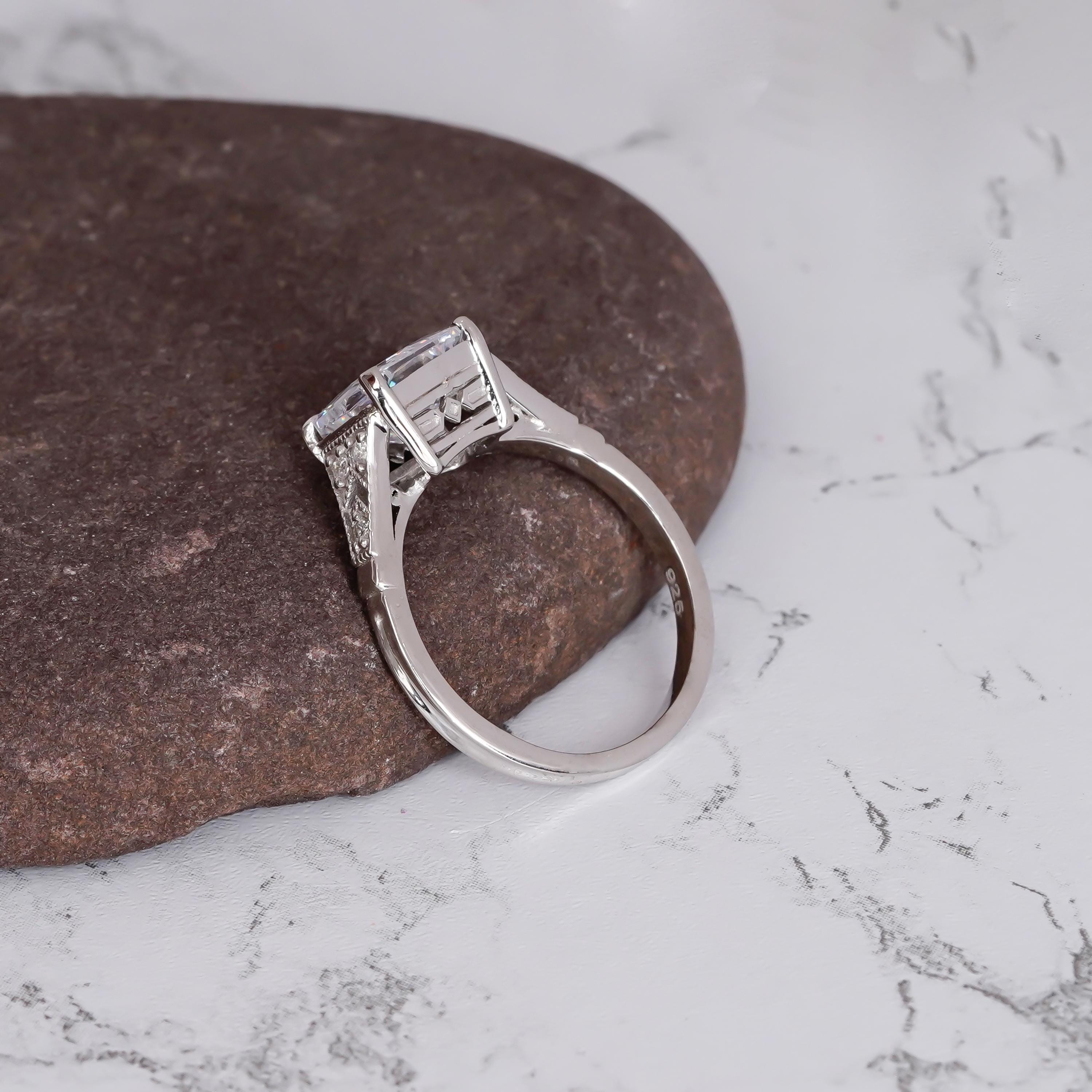 Cushion Moissanite Engagement Ring, Art Deco Halo, 925 Sterling Silver