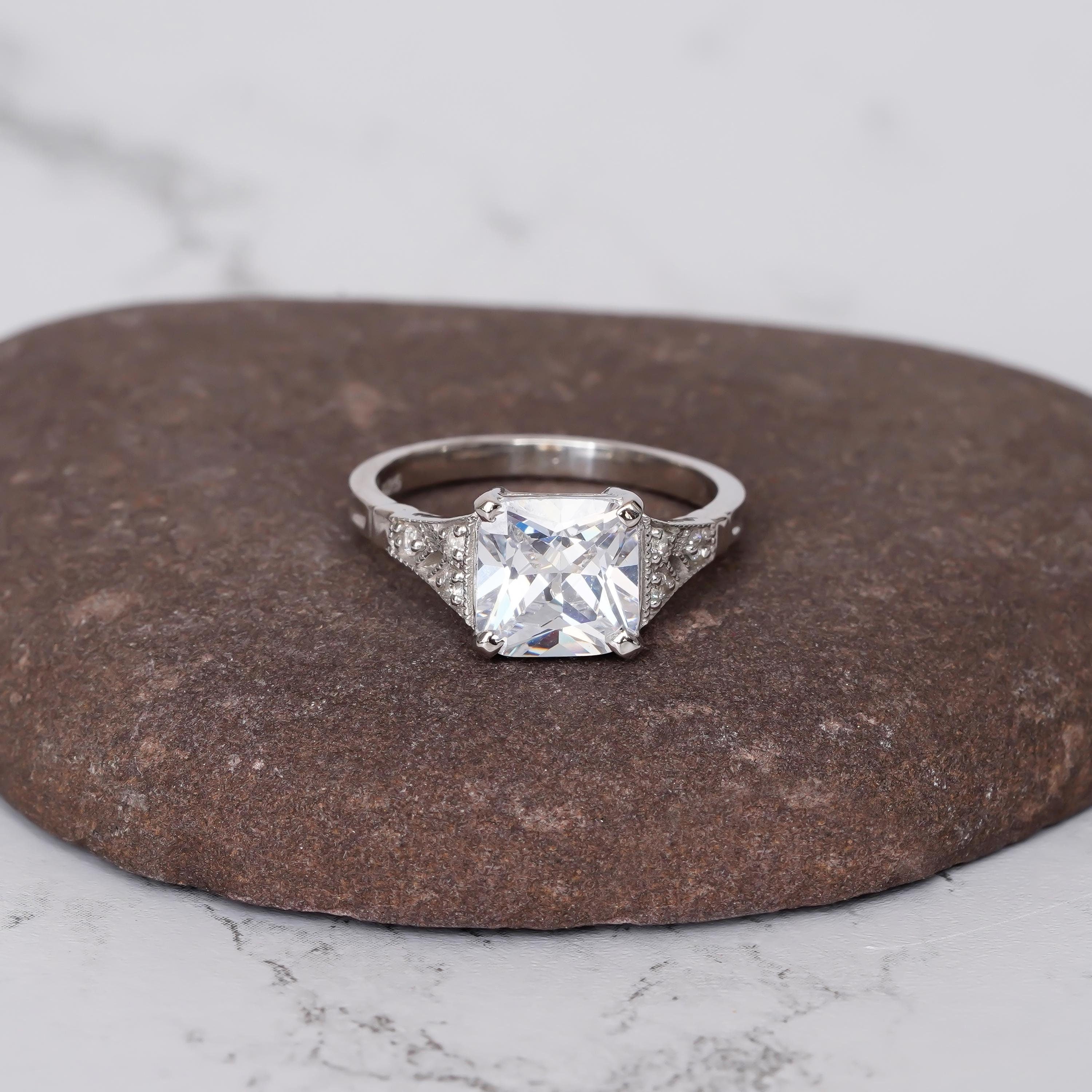 Cushion Moissanite Engagement Ring, Art Deco Halo, 925 Sterling Silver