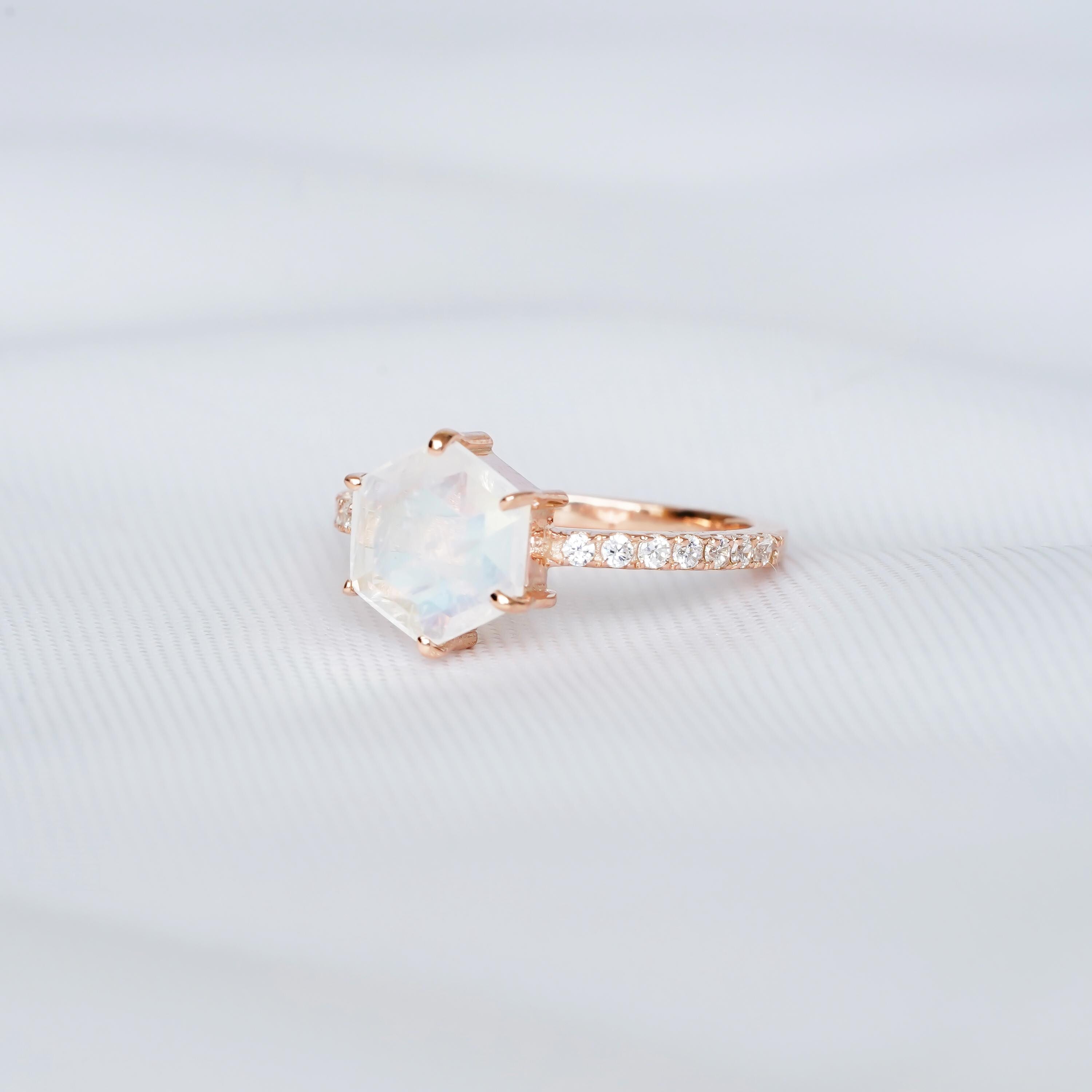 Hexagon Moonstone Engagement Ring, Sterling Silver Moissanite Halo