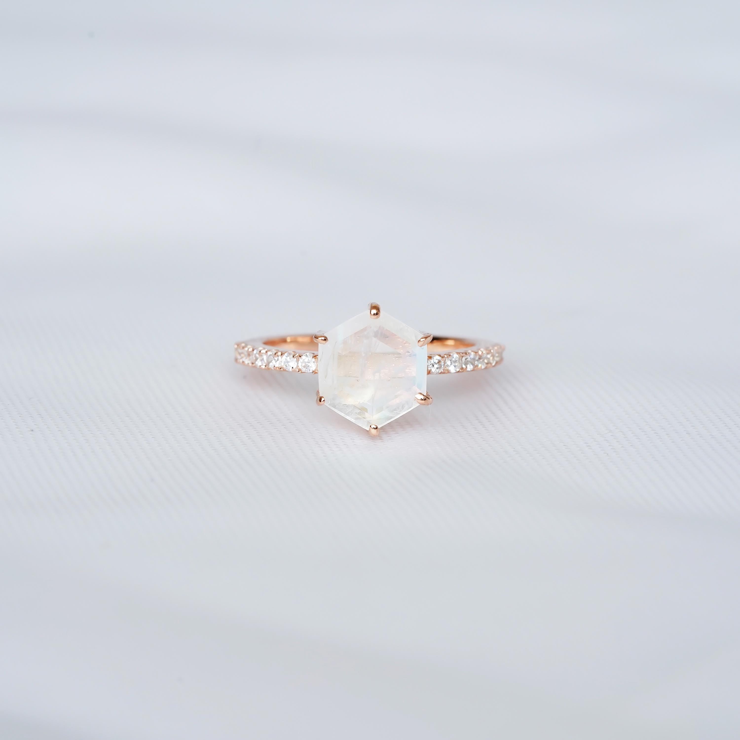 Hexagon Moonstone Engagement Ring, Sterling Silver Moissanite Halo