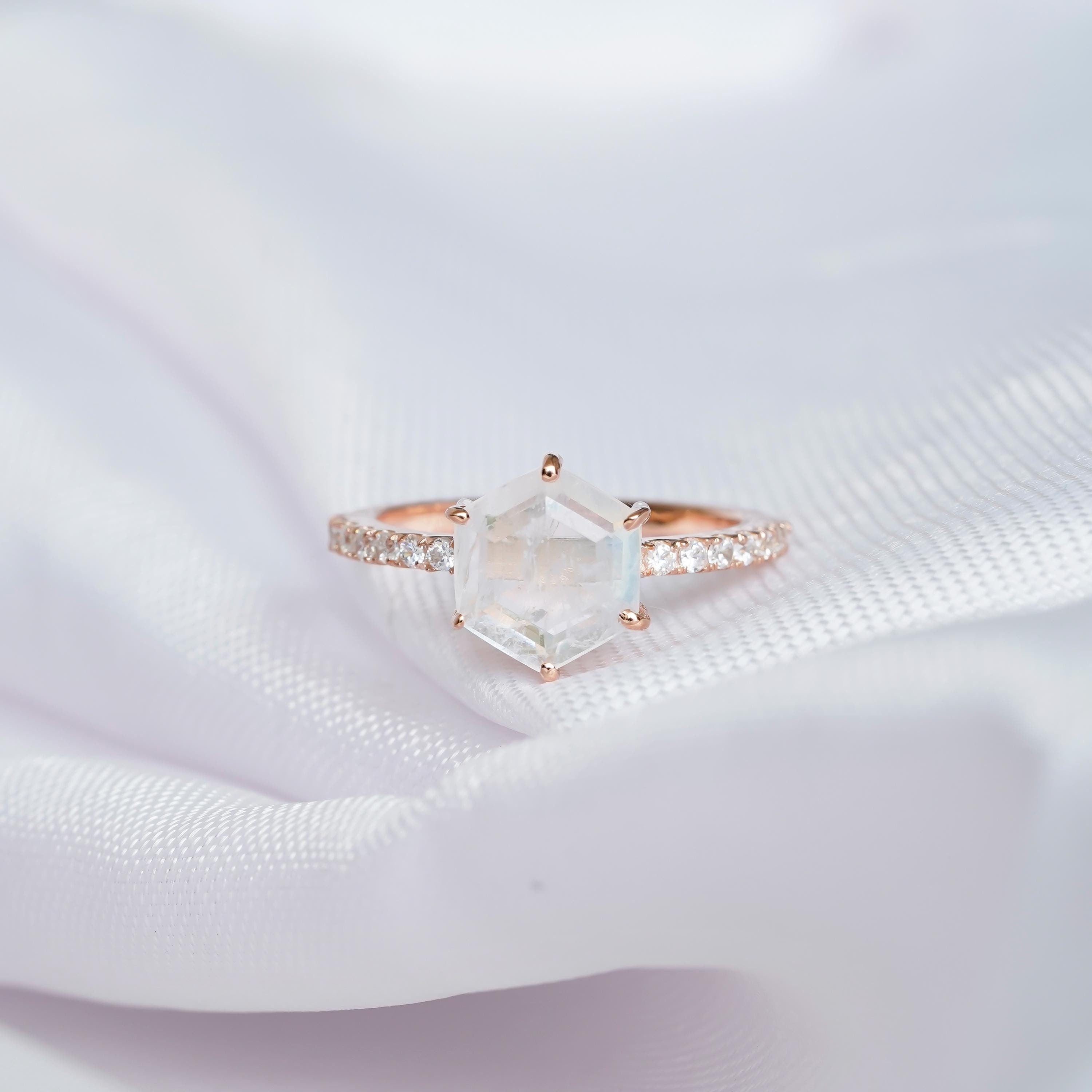 Hexagon Moonstone Engagement Ring, Sterling Silver Moissanite Halo