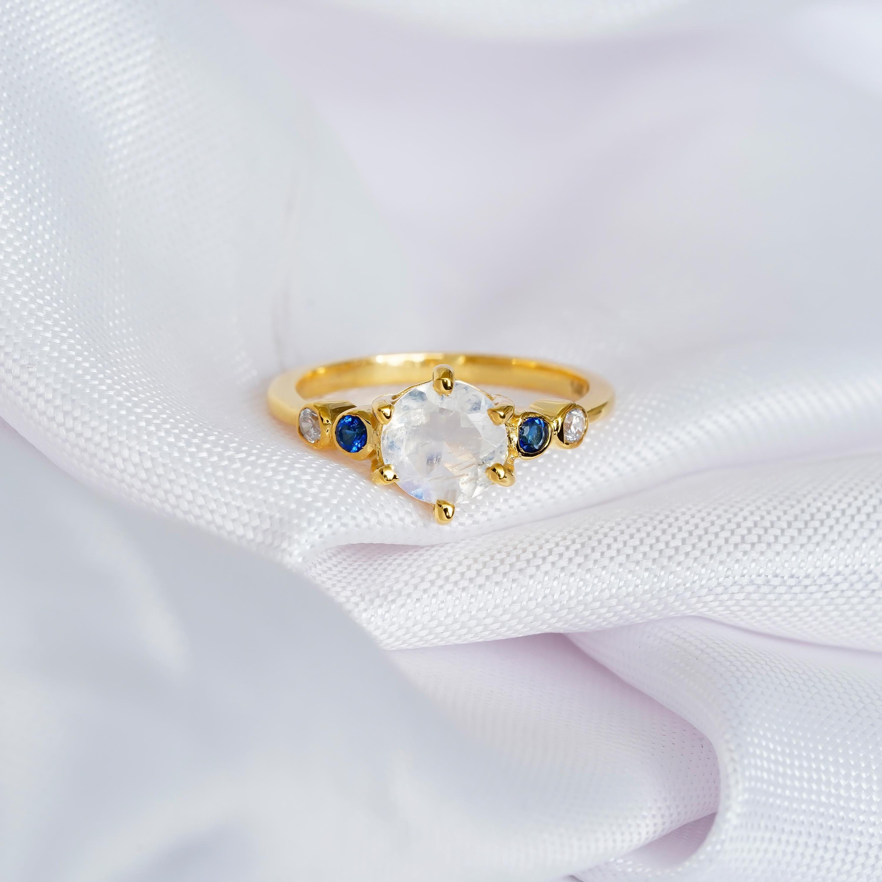 Rainbow Moonstone Engagement Ring, Sterling Silver Prong Set, Sapphire Accents
