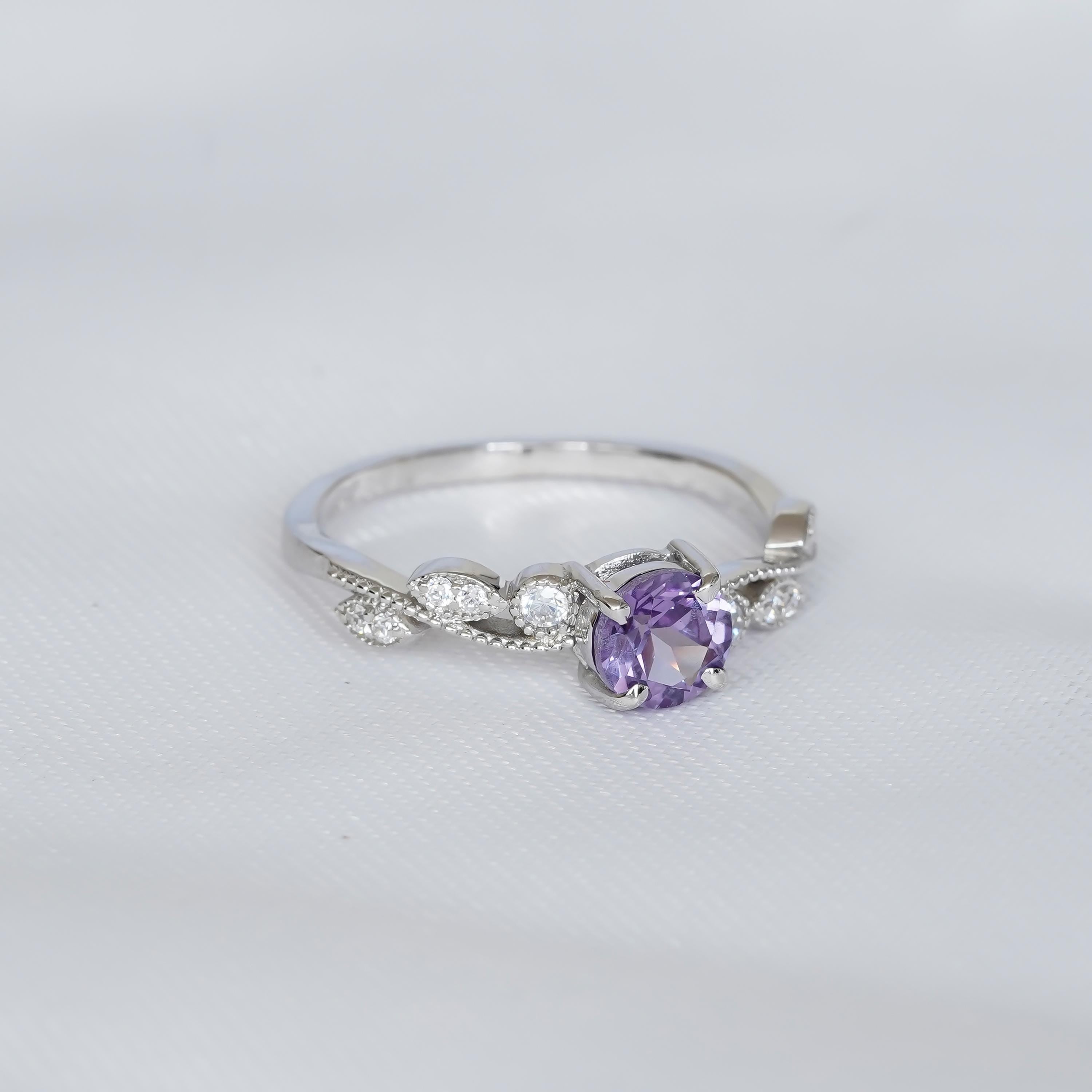 Amethyst Engagement Ring, Sterling Silver Vine Leaf, Round Solitaire