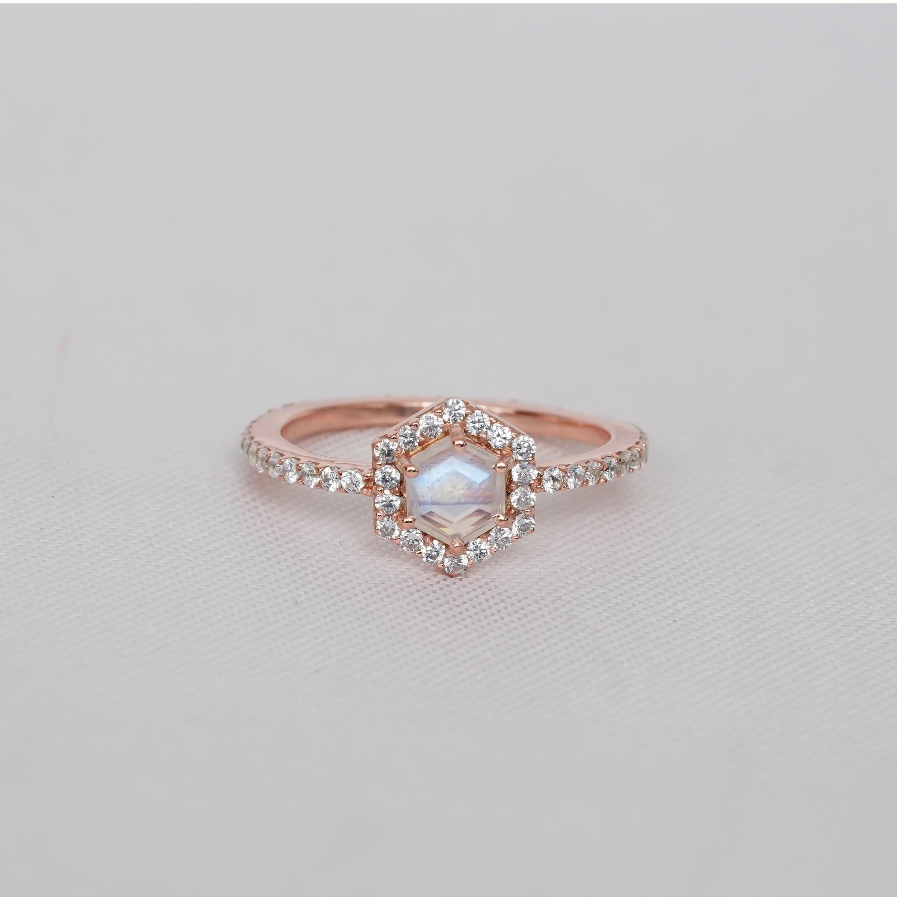 Hexagon Moonstone Ring, Sterling Silver Halo, Vintage Engagement