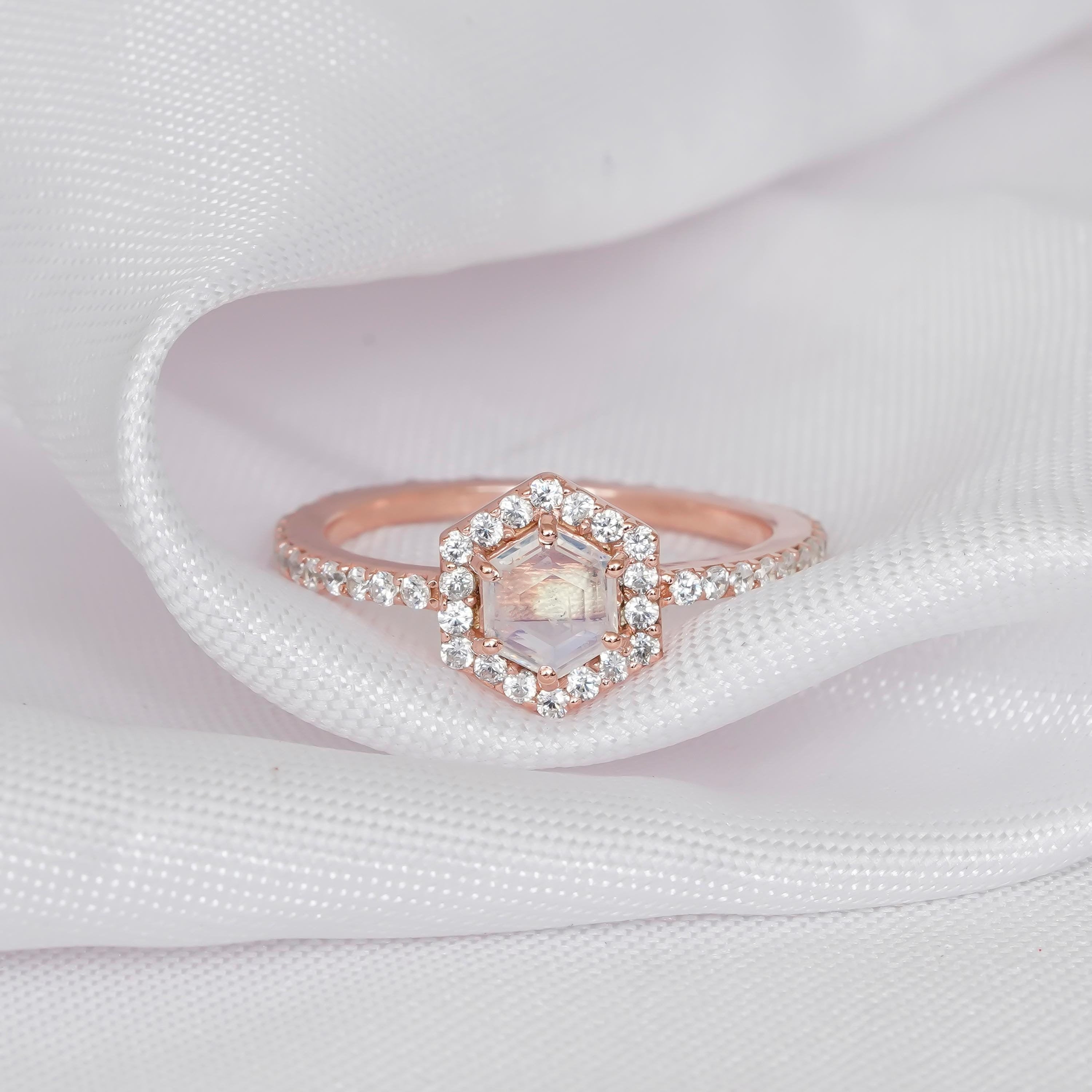 Hexagon Moonstone Ring, Sterling Silver Halo, Vintage Engagement