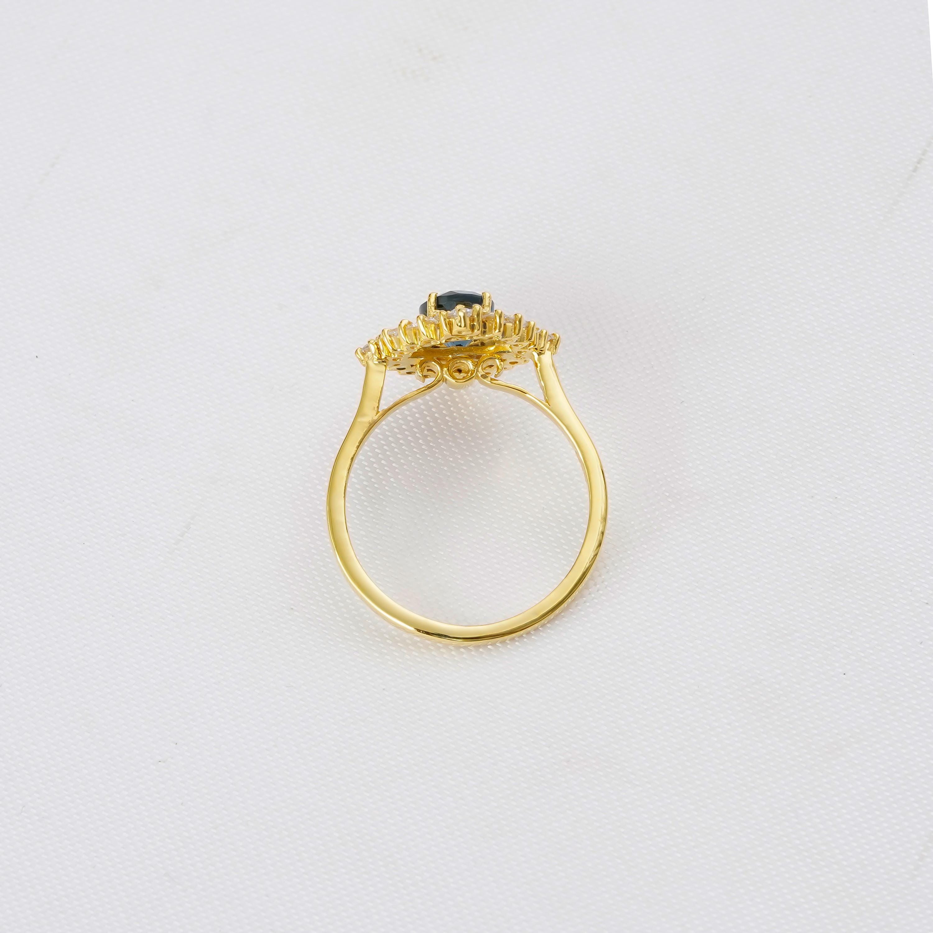 Blue Topaz Sterling Silver Engagement Ring, Sunflower Halo, Vintage Style