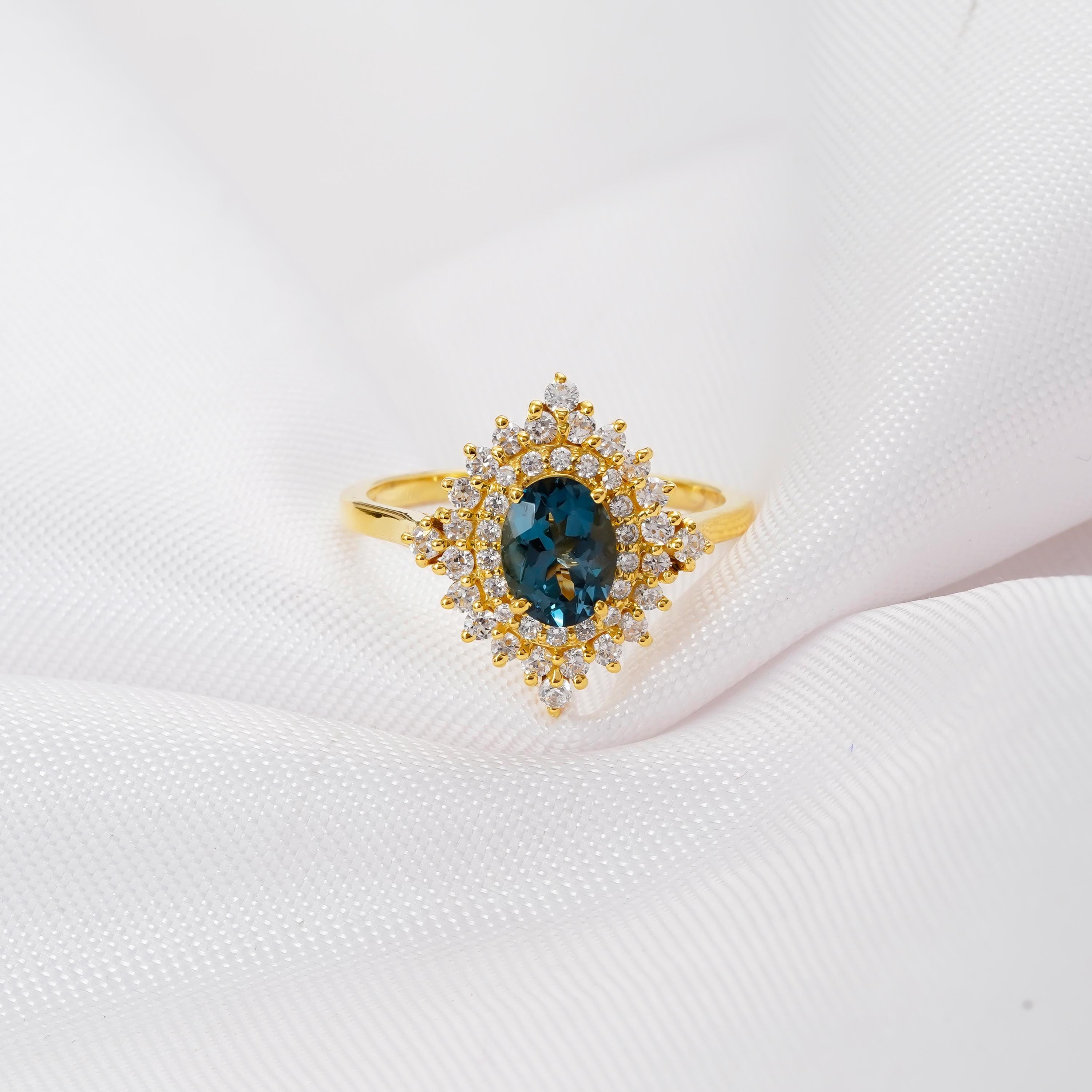 Blue Topaz Sterling Silver Engagement Ring, Sunflower Halo, Vintage Style