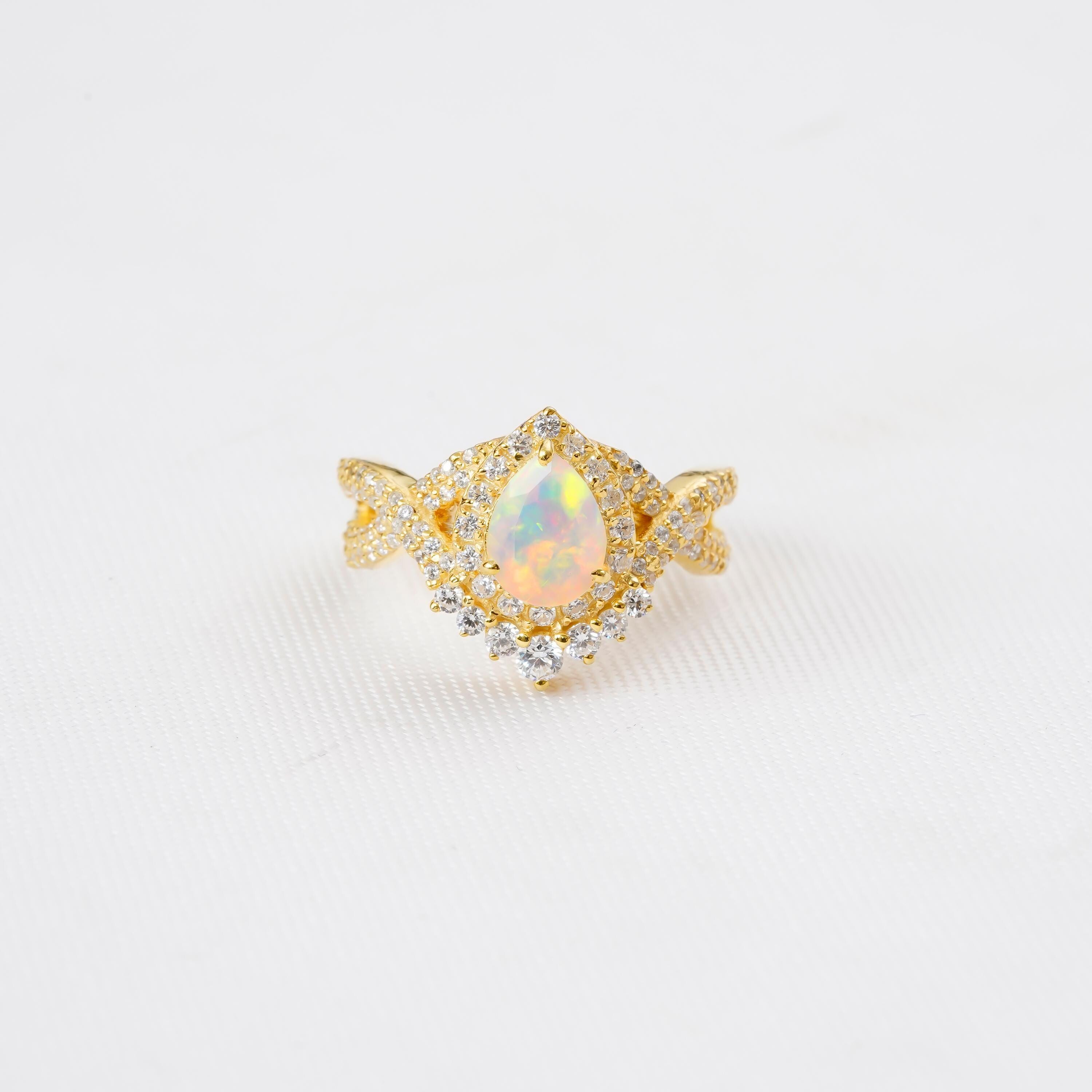 Pear Opal Engagement Ring, Sterling Silver Halo, Vintage Infinity Band
