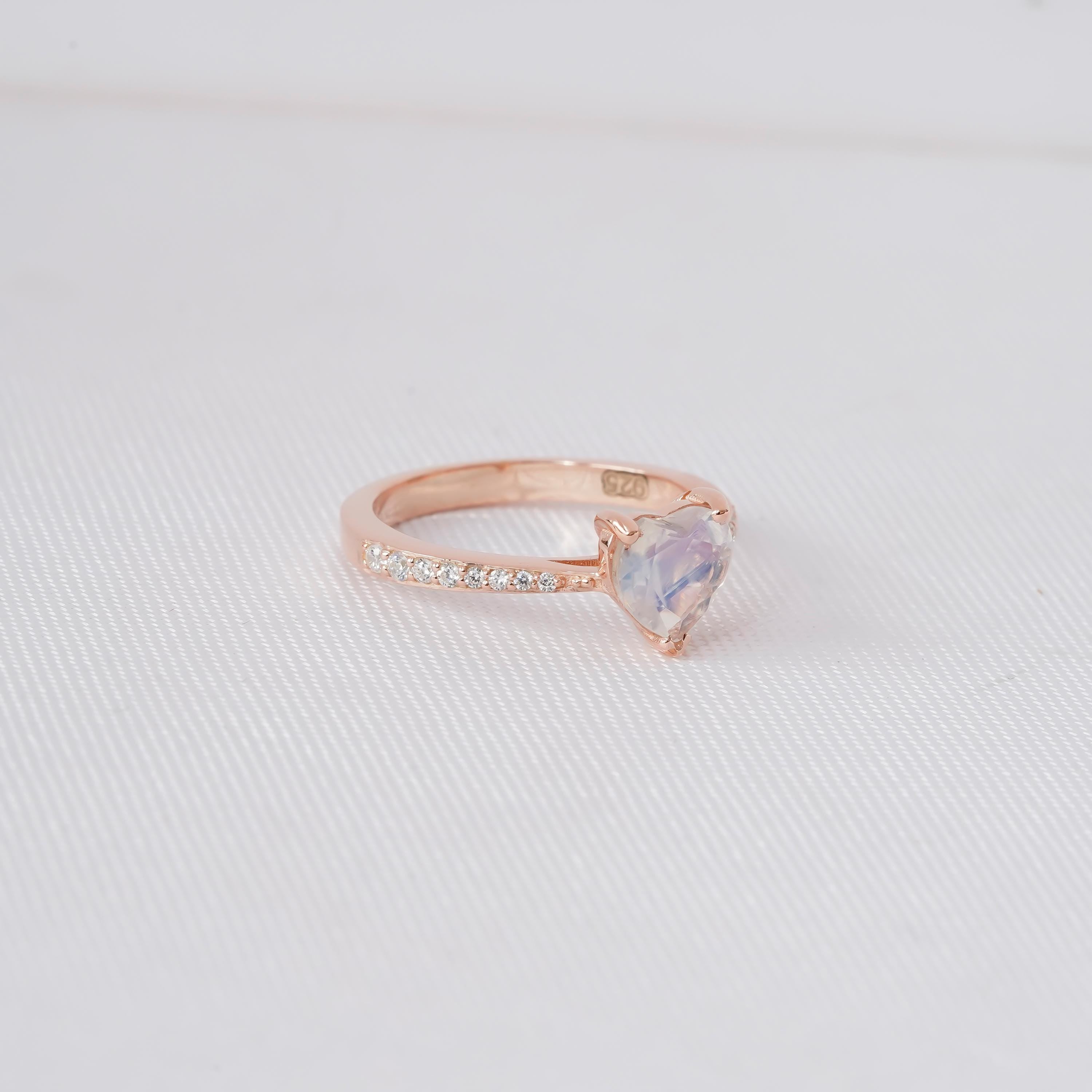 Heart Moonstone Ring, 925 Sterling Silver, Vintage Halo Engagement