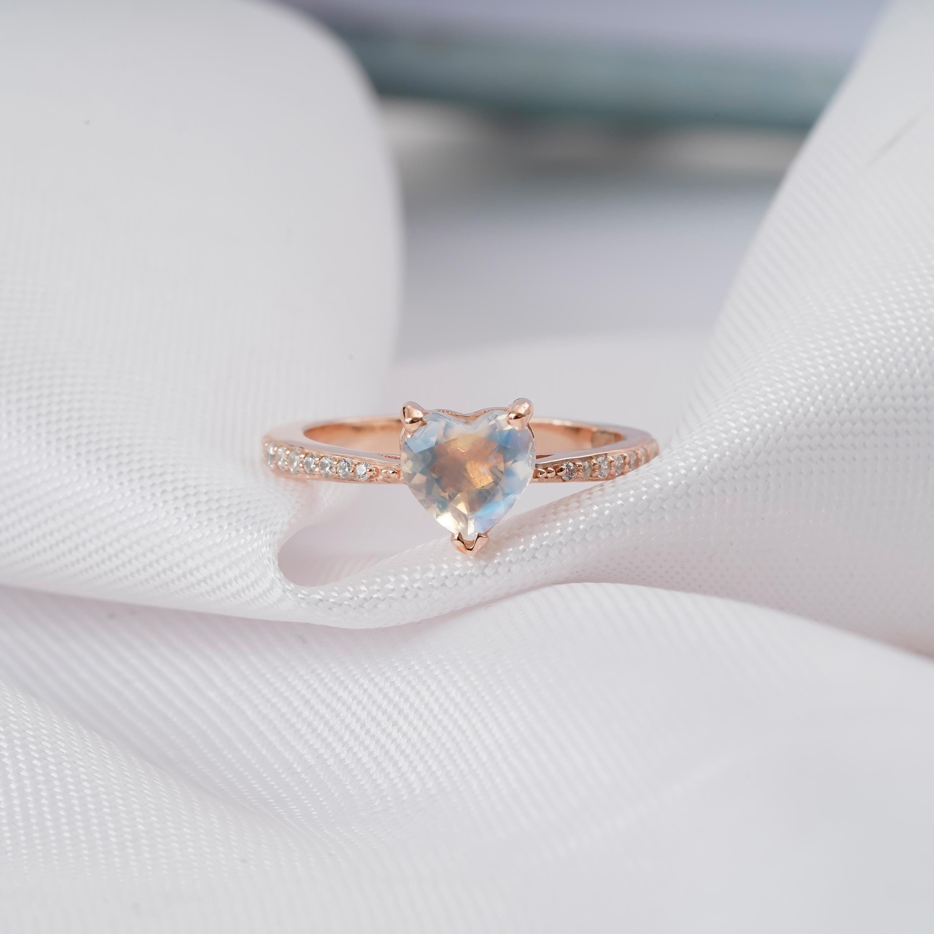Heart Moonstone Ring, 925 Sterling Silver, Vintage Halo Engagement