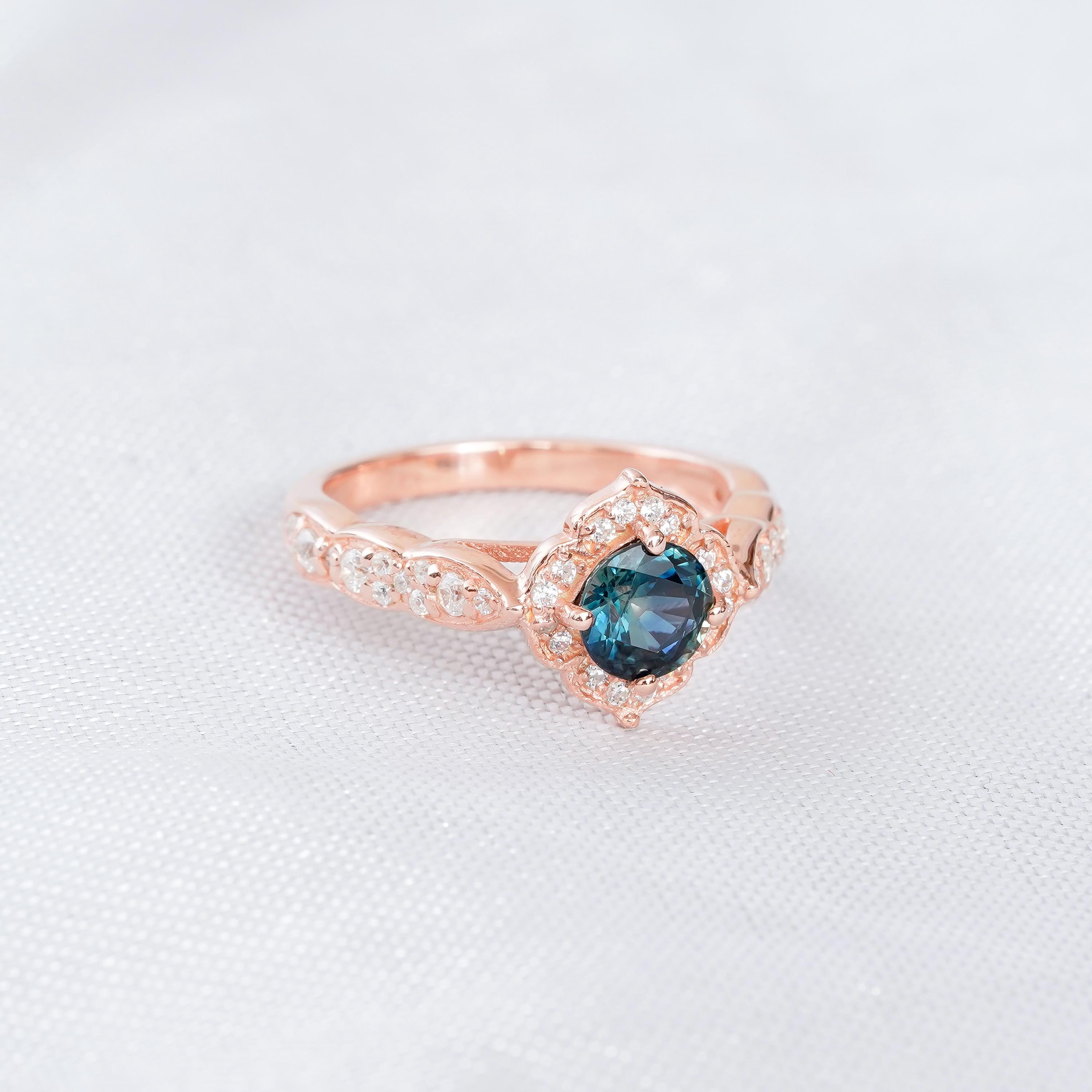 Swiss Blue Topaz Engagement Ring, Flower Halo, Sterling Silver