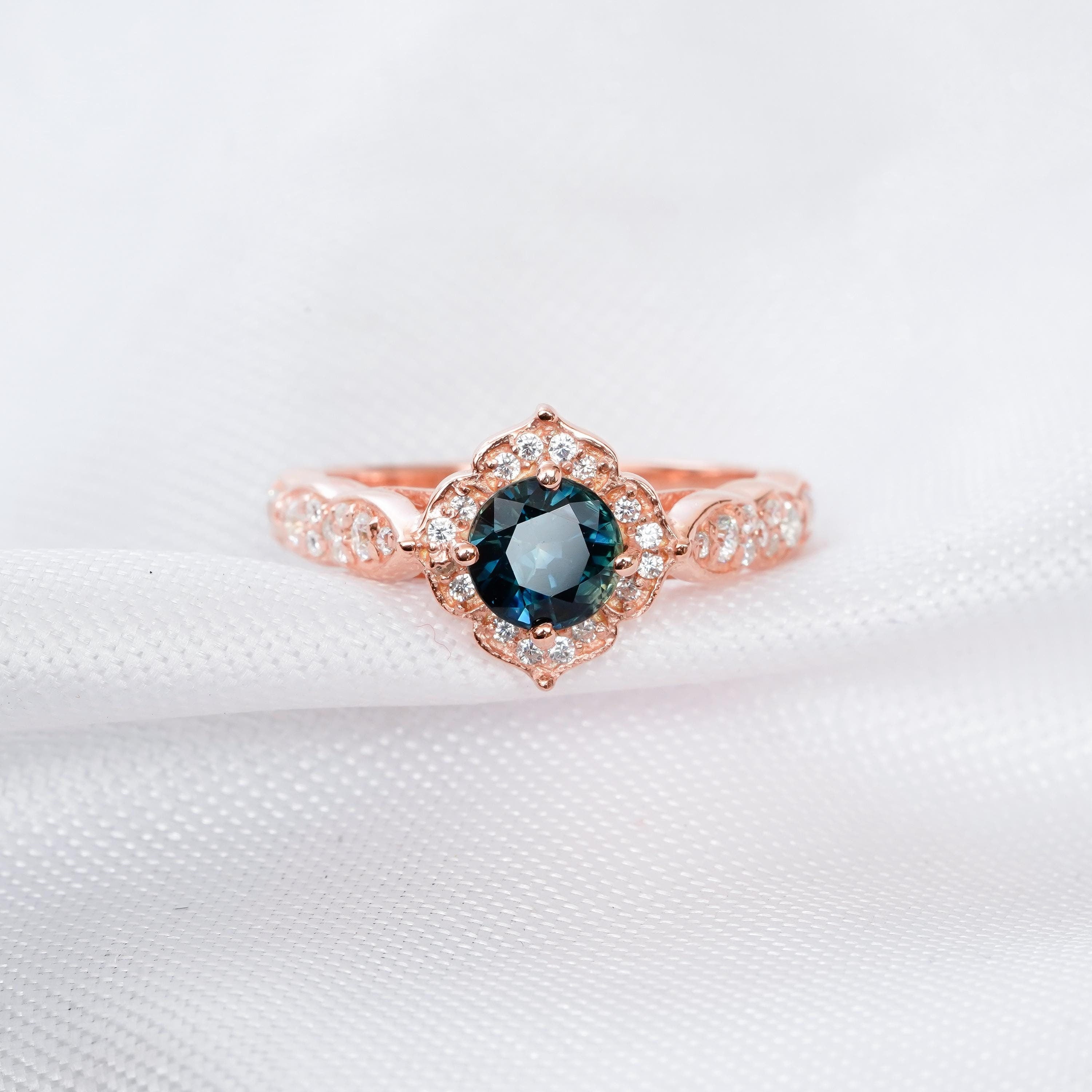 Swiss Blue Topaz Engagement Ring, Flower Halo, Sterling Silver