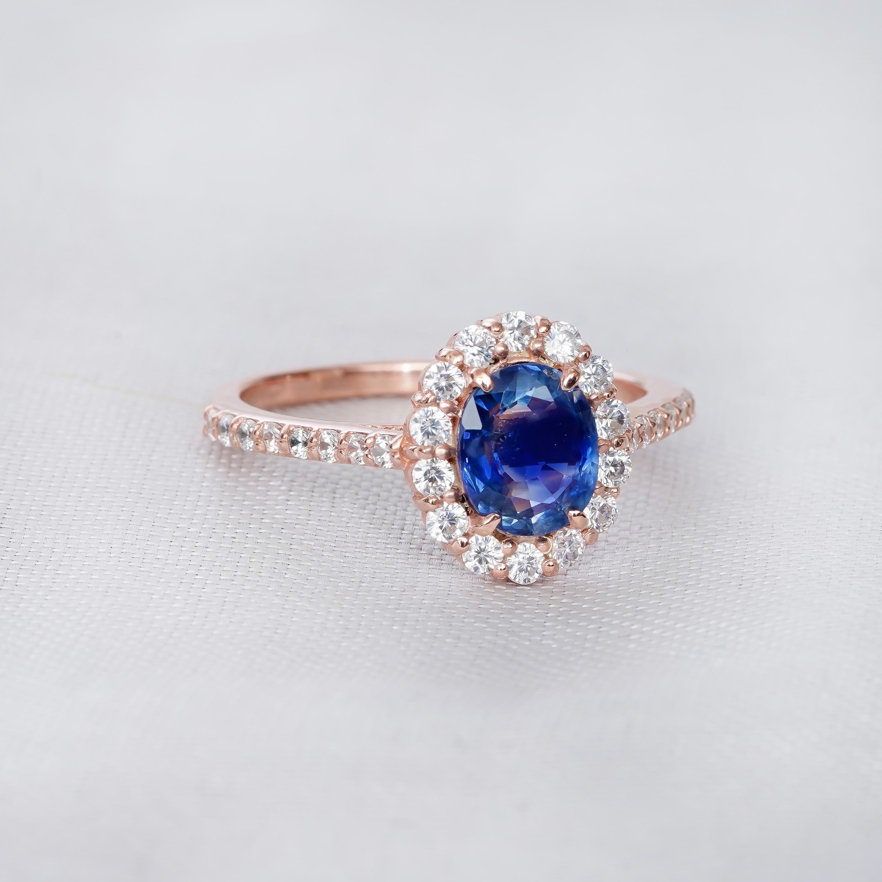Oval Blue Sapphire Engagement Ring, Sterling Silver Flower Halo
