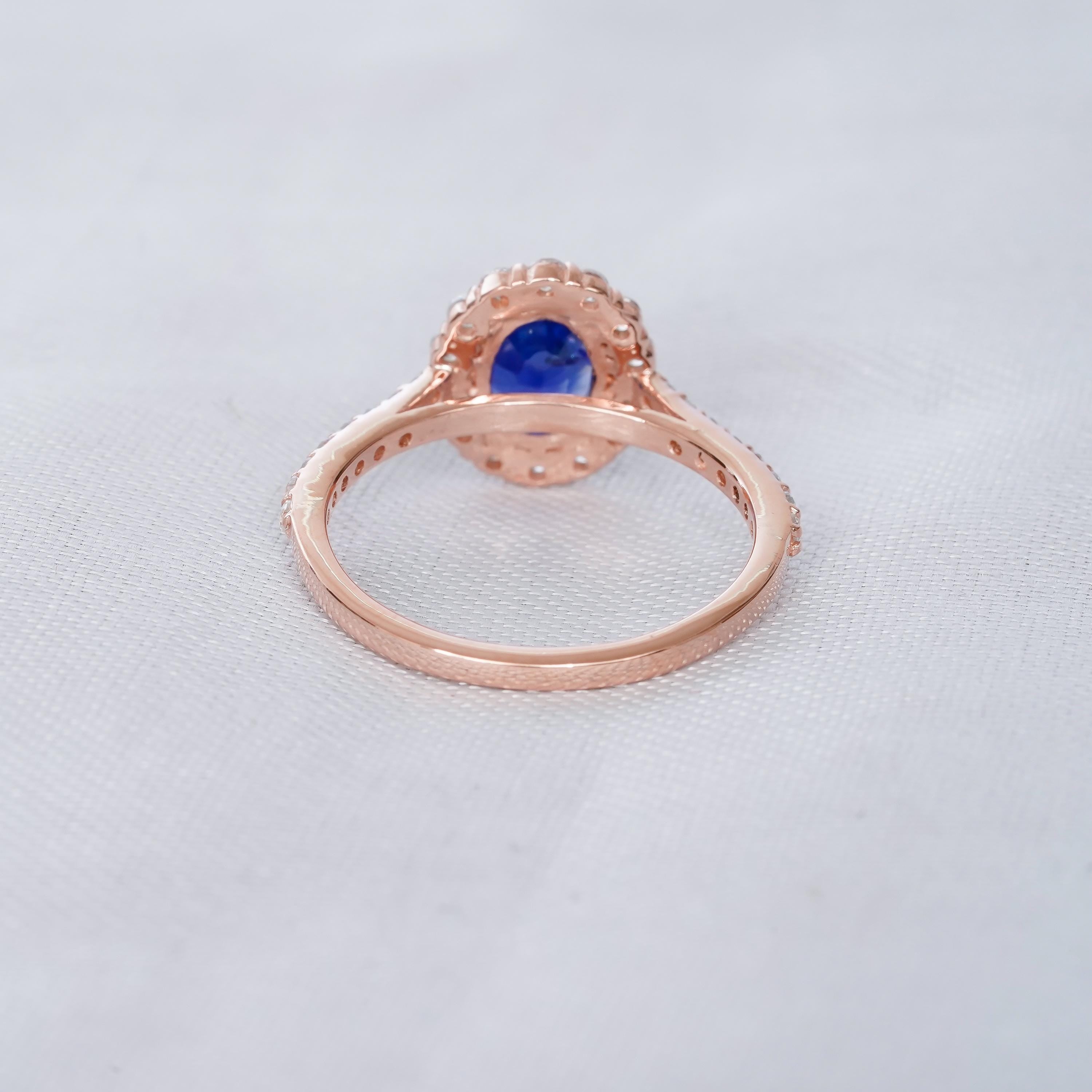 Oval Blue Sapphire Engagement Ring, Sterling Silver Flower Halo